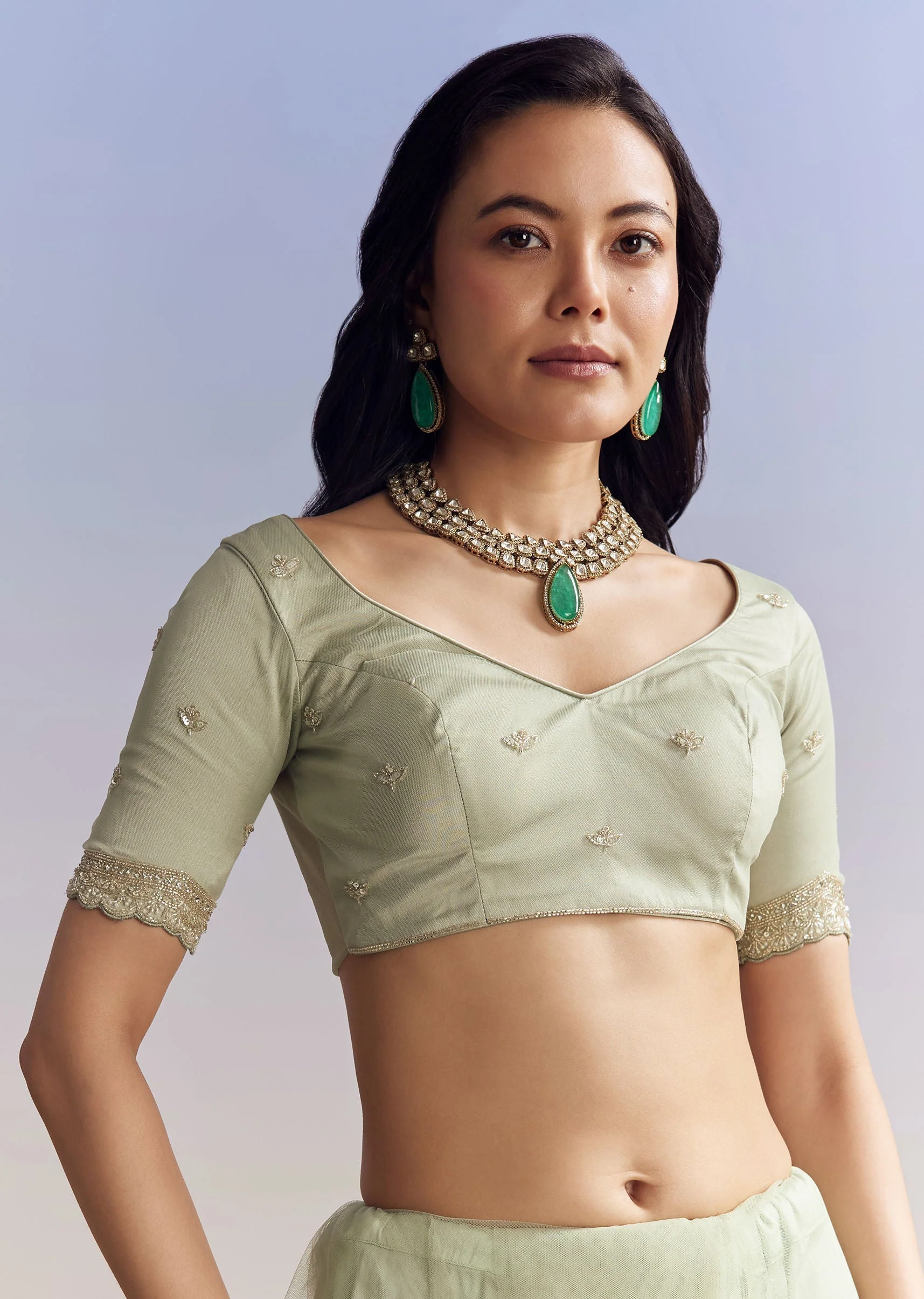 Mint Green Net Saree With Scallop Border And Heavy Embroidery - Image 7