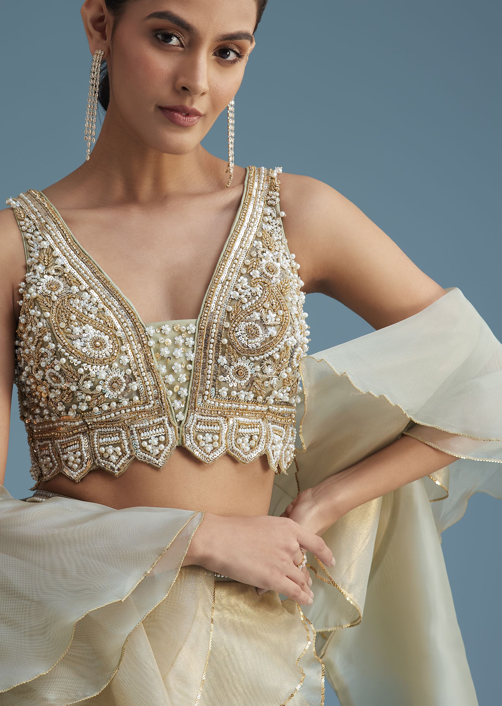 Mint Green Organza Layered Lehenga Set - Image 4