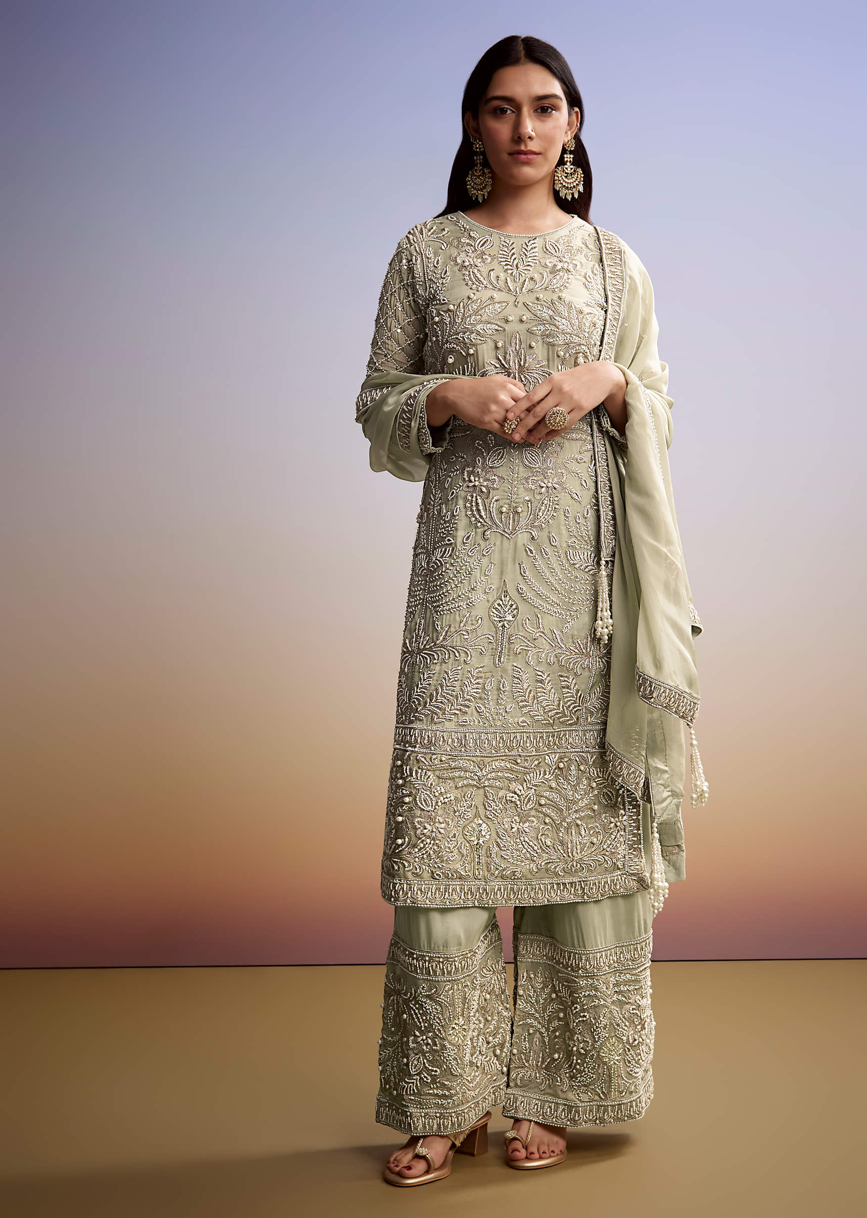 Mint Green Organza Palazzo Suit With Zari And Moti Work - Image 3