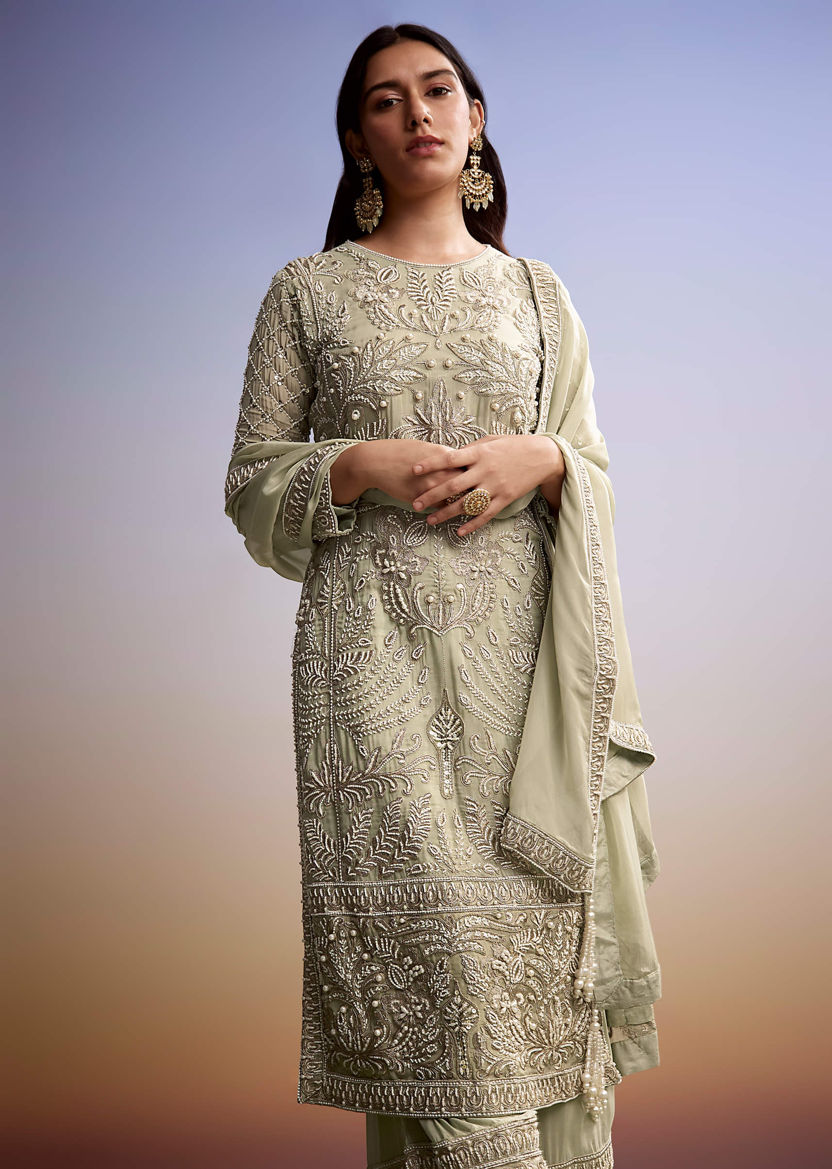 Mint Green Organza Palazzo Suit With Zari And Moti Work - Image 4