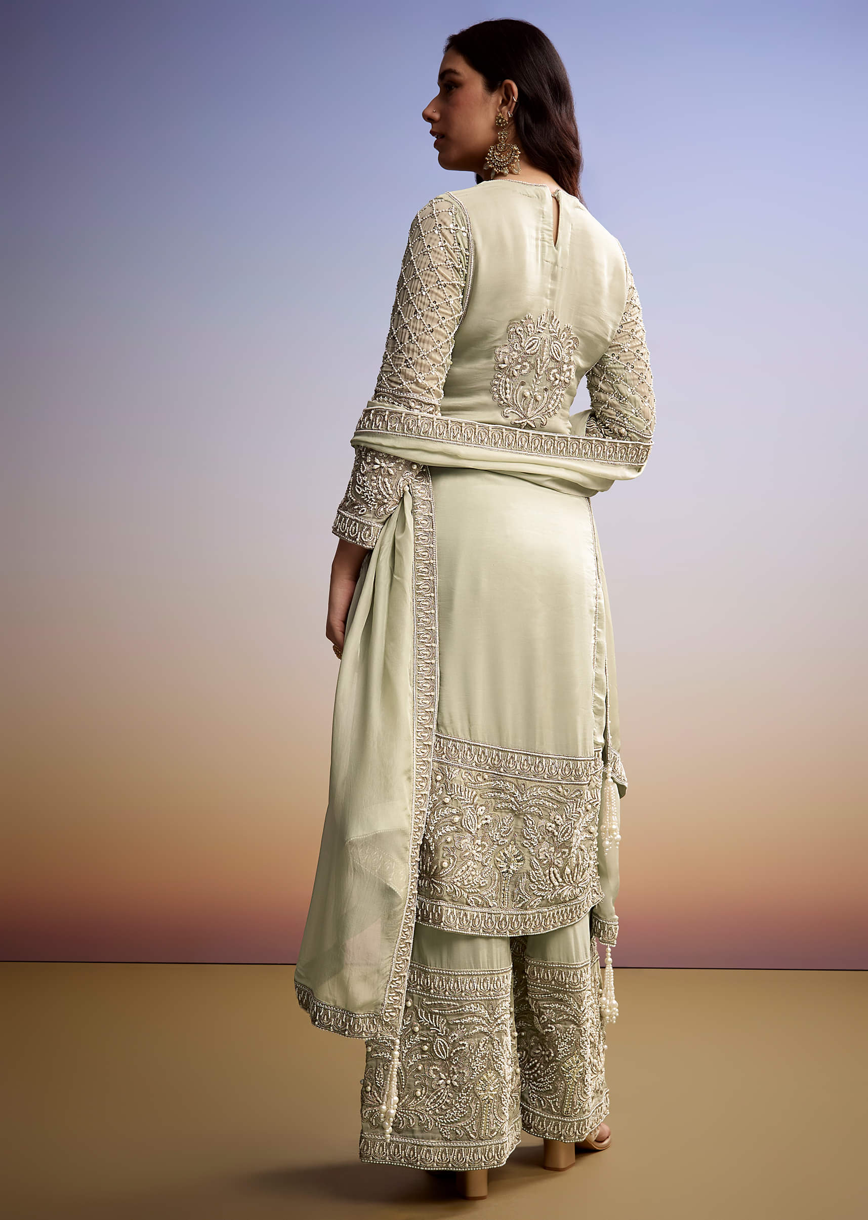 Mint Green Organza Palazzo Suit With Zari And Moti Work - Image 5