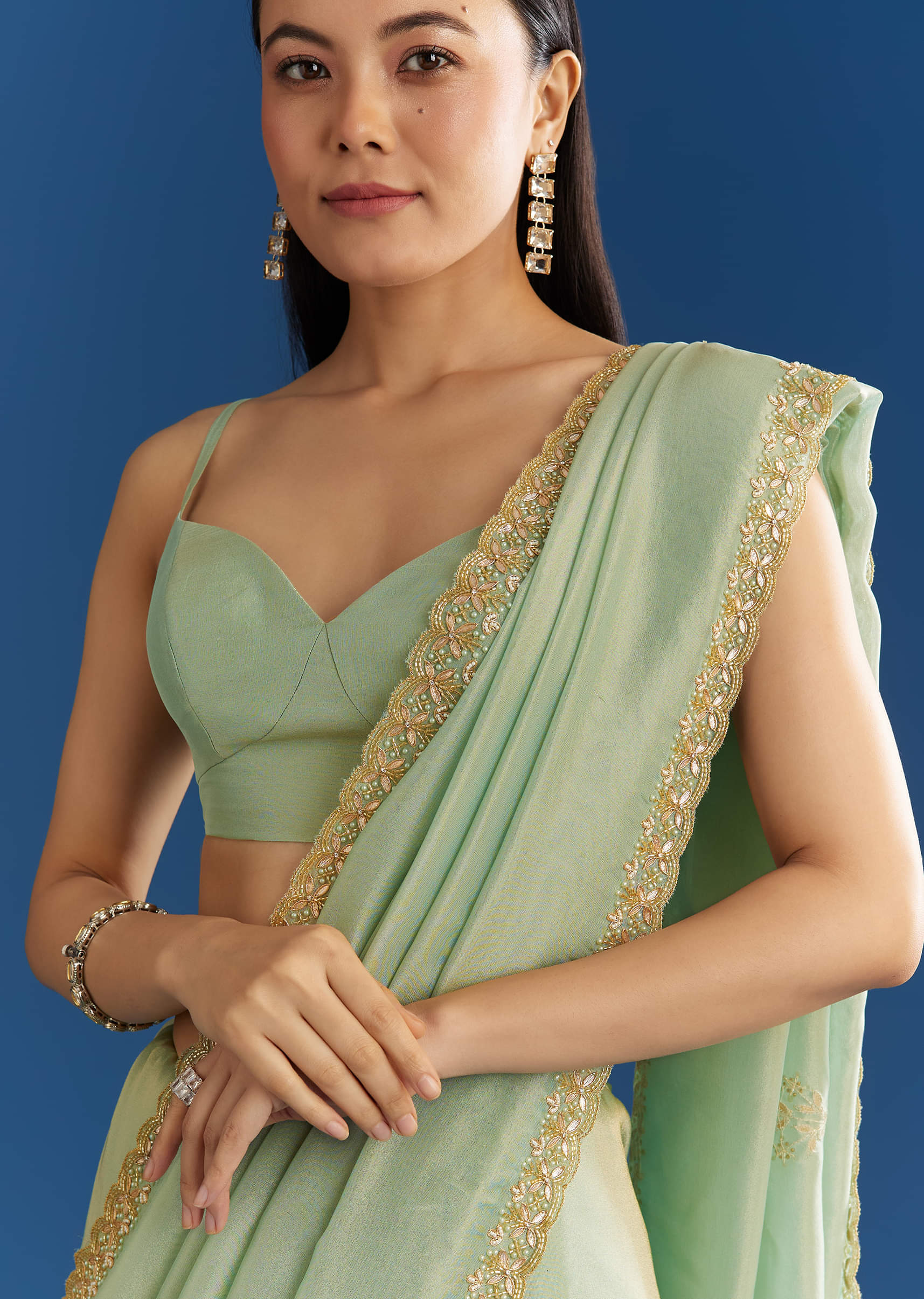 Mint Green Organza Tissue Saree With Subtle Embroidery - Image 5
