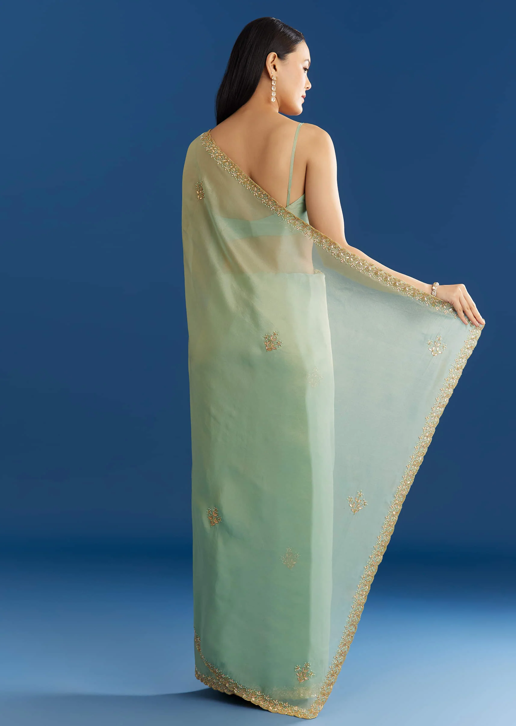 Mint Green Organza Tissue Saree With Subtle Embroidery - Image 6