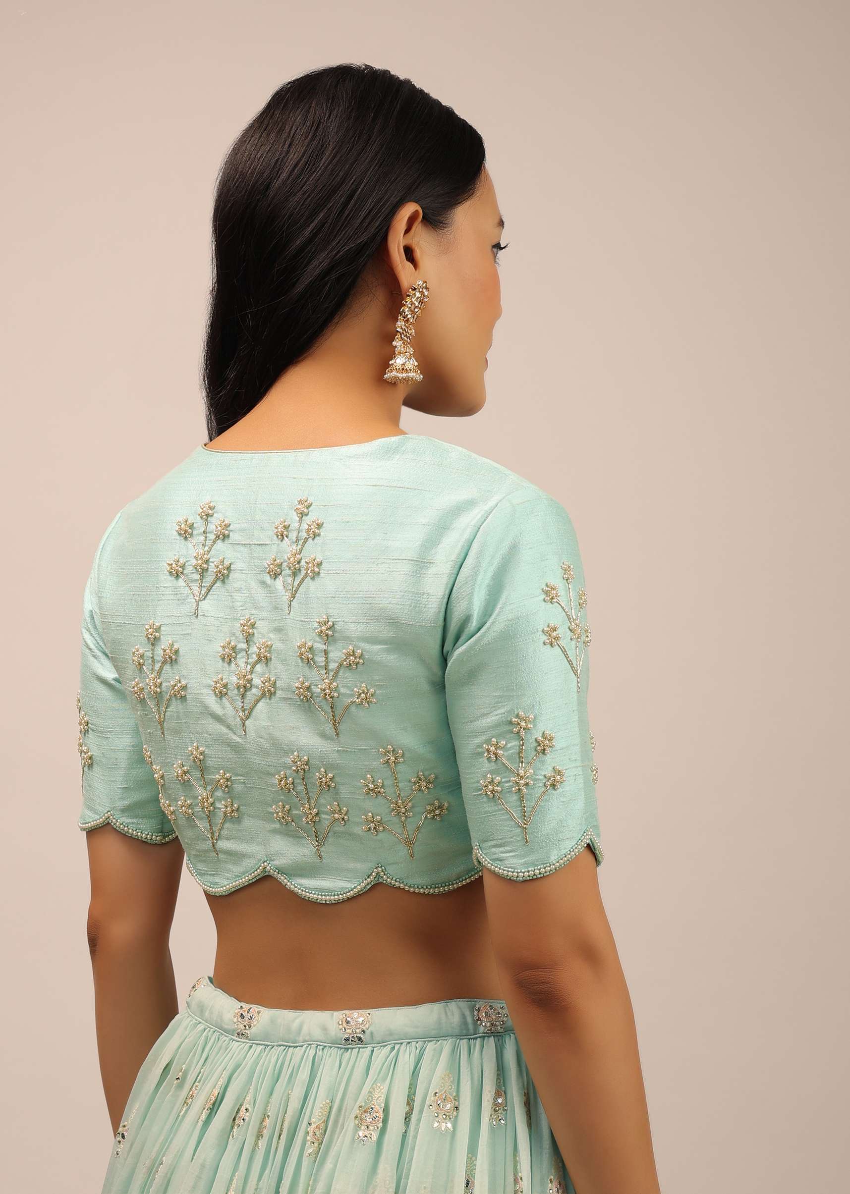 Mint Green Padded Blouse With zardosi And Moti Work - Image 2