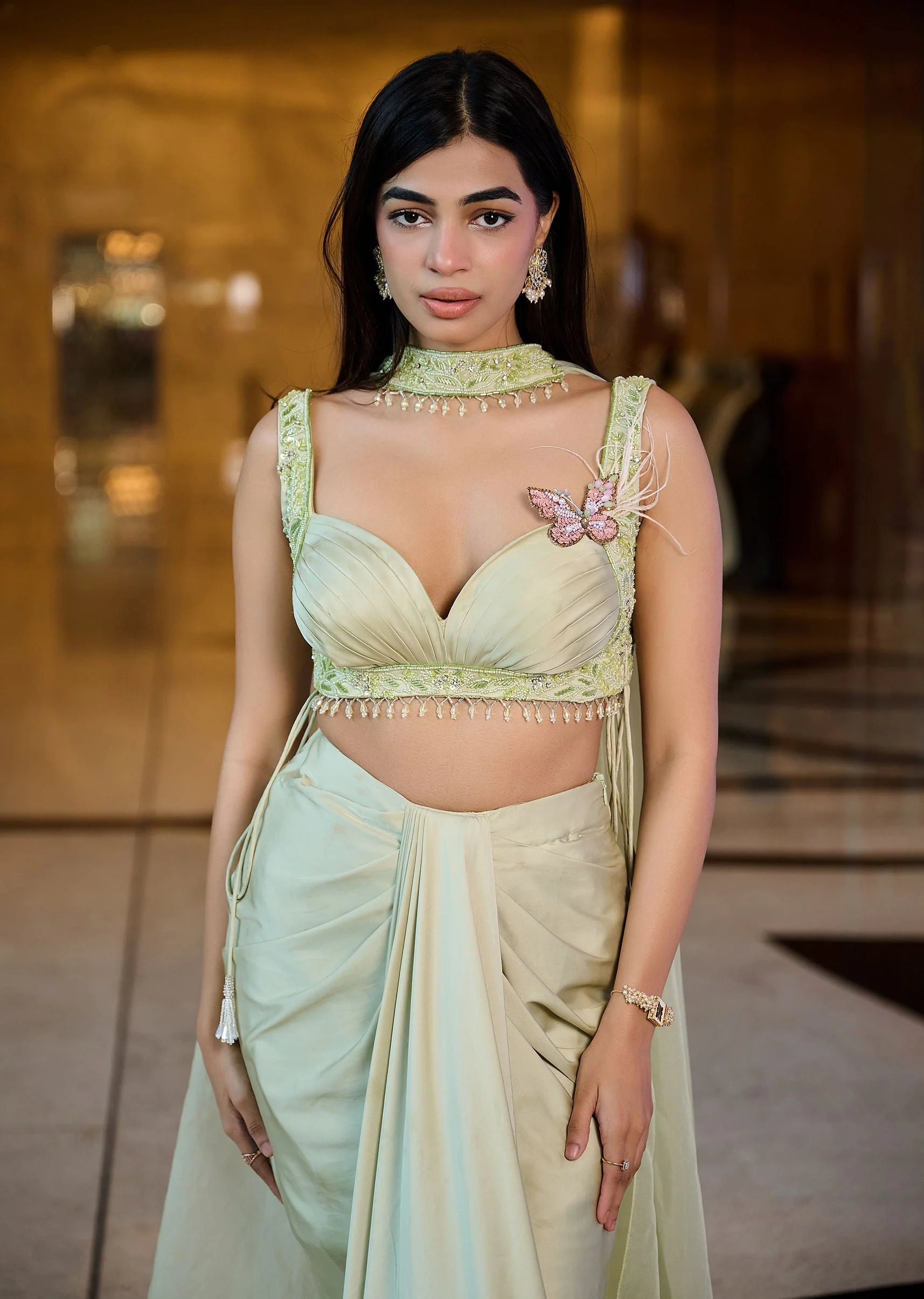 Mint Green Pleated Blouse With Draped Skirt And Choker Dupatta