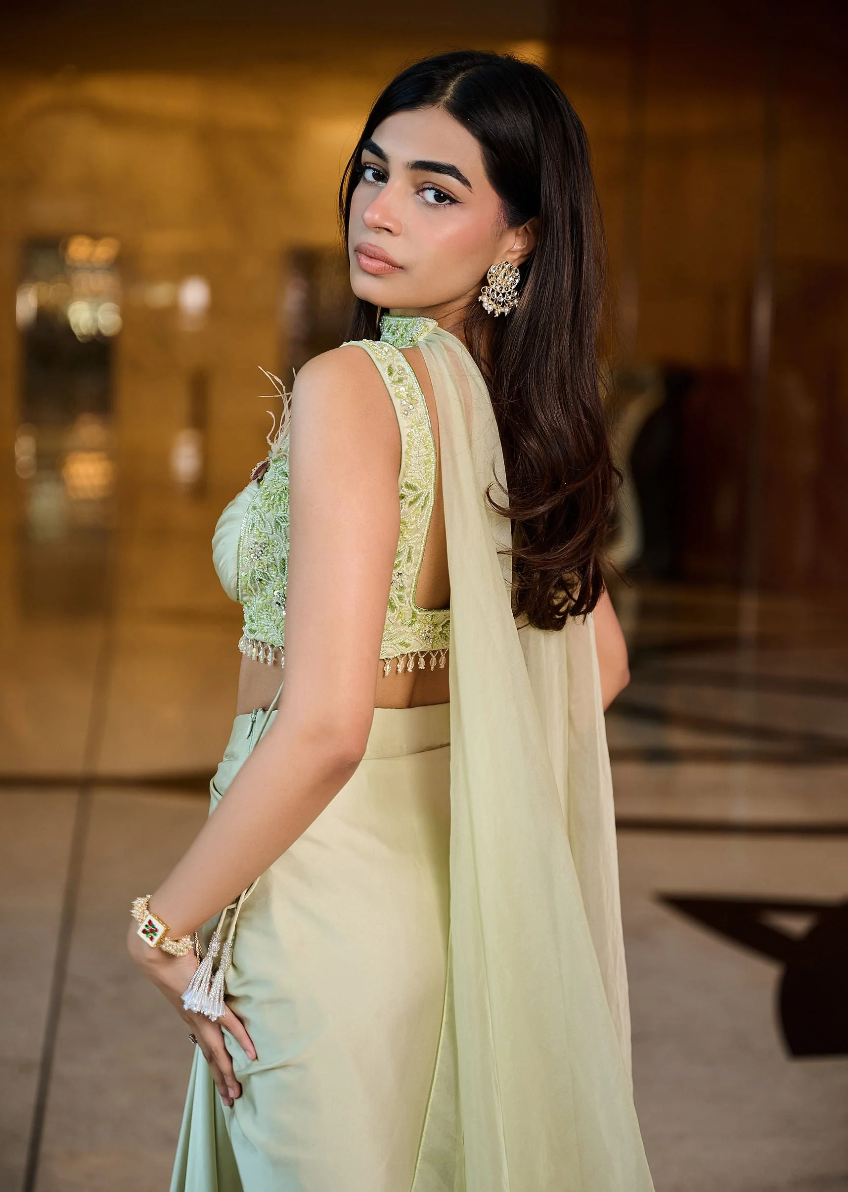 Mint Green Pleated Blouse With Draped Skirt And Choker Dupatta - Image 3
