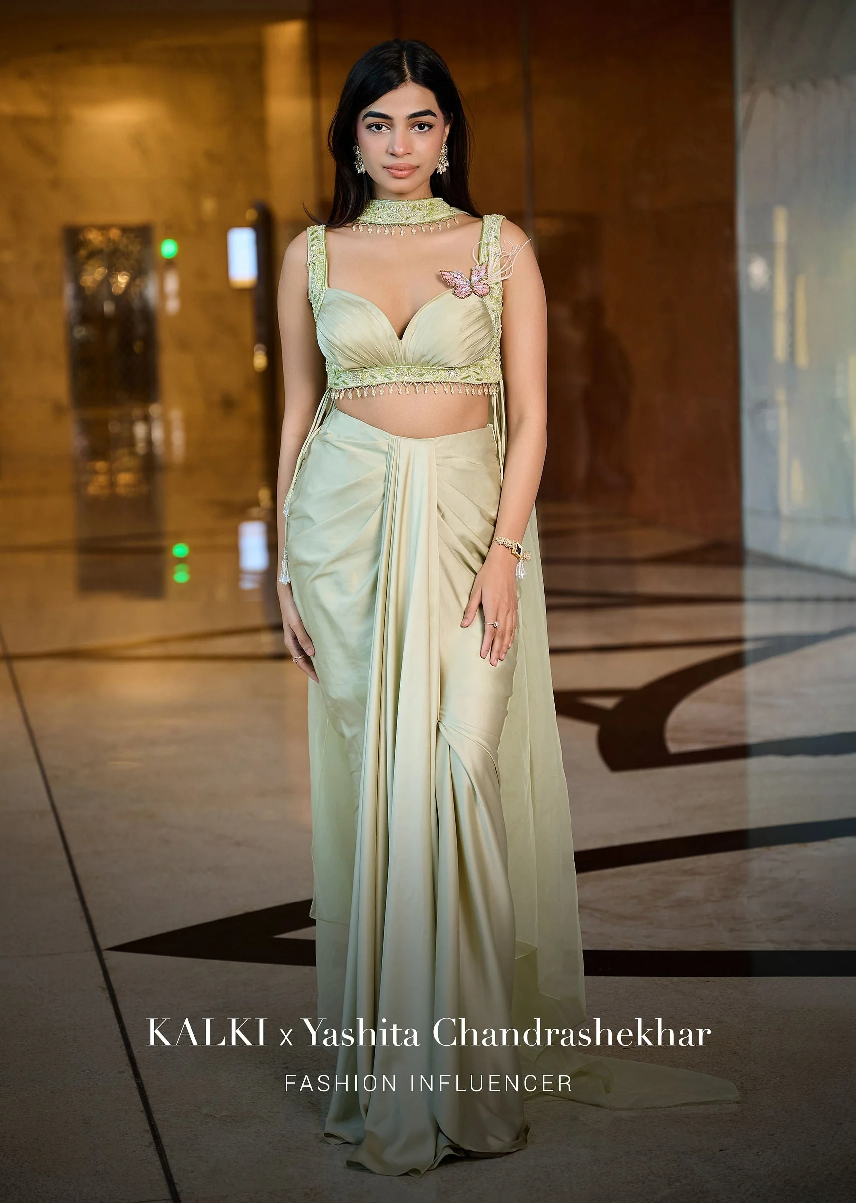 Mint Green Pleated Blouse With Draped Skirt And Choker Dupatta - Image 4