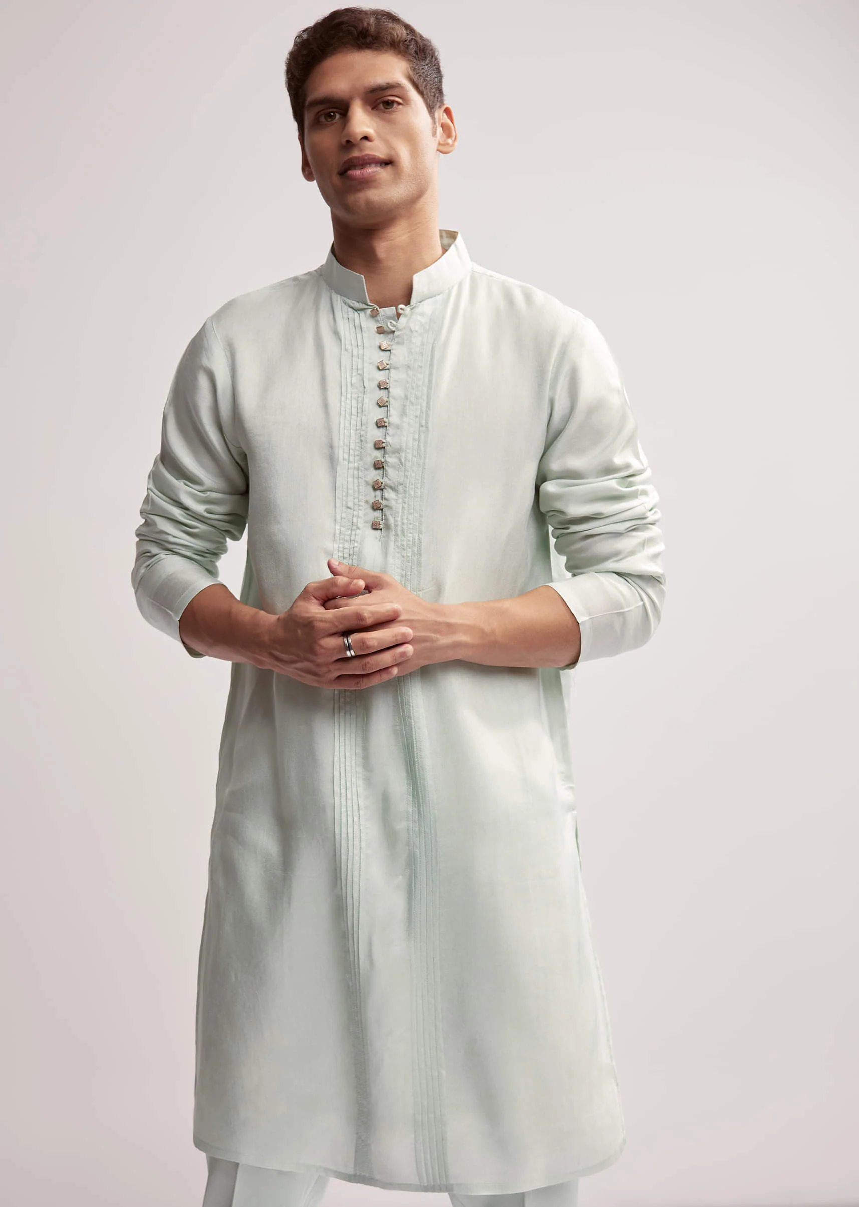 Mint Green Satin Blend Kurta Jacket Set For Men With Zardosi Work - Image 6