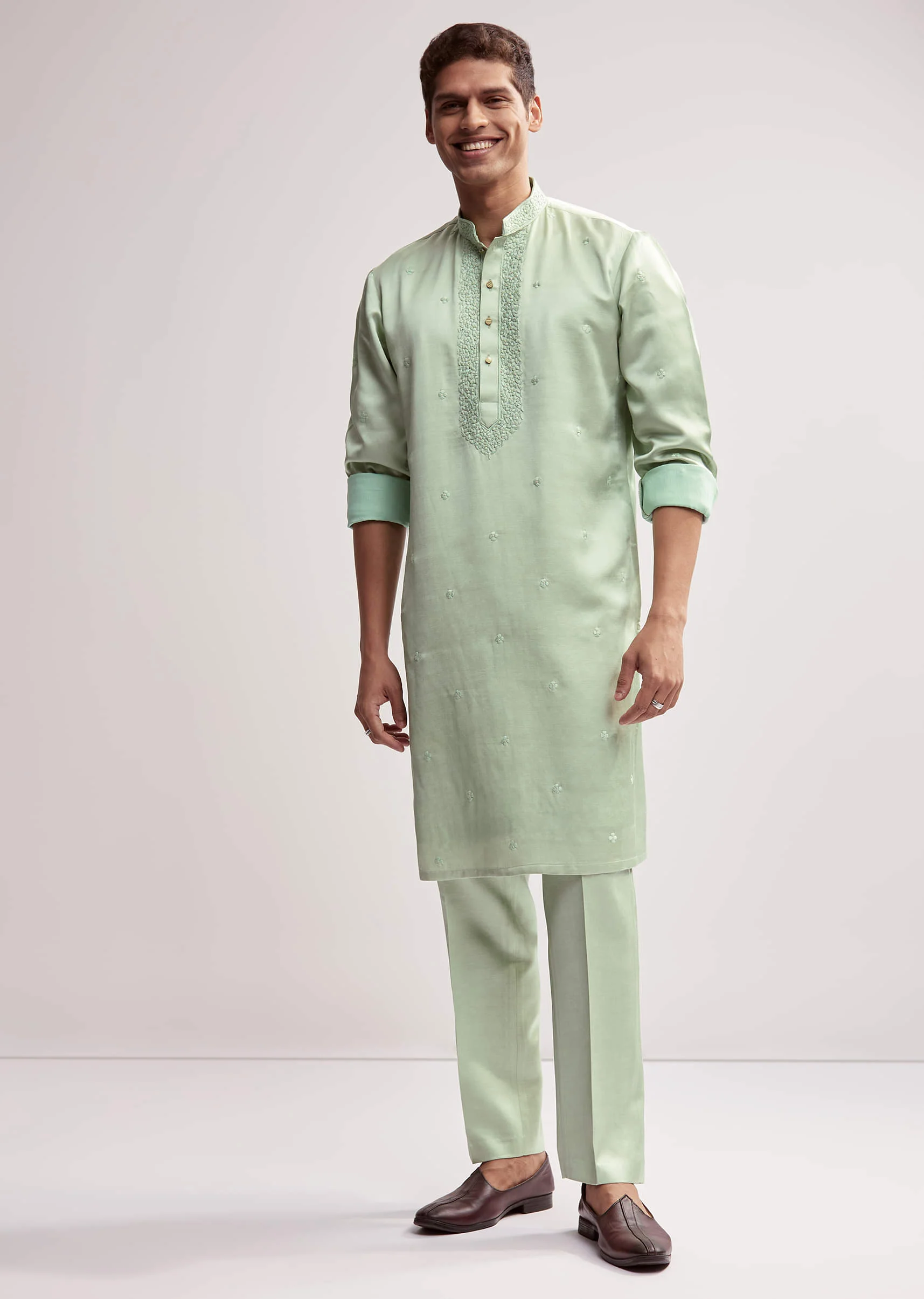 Mint Green Satin Blend Kurta Set For Men With Zardosi Embroidery - Image 2