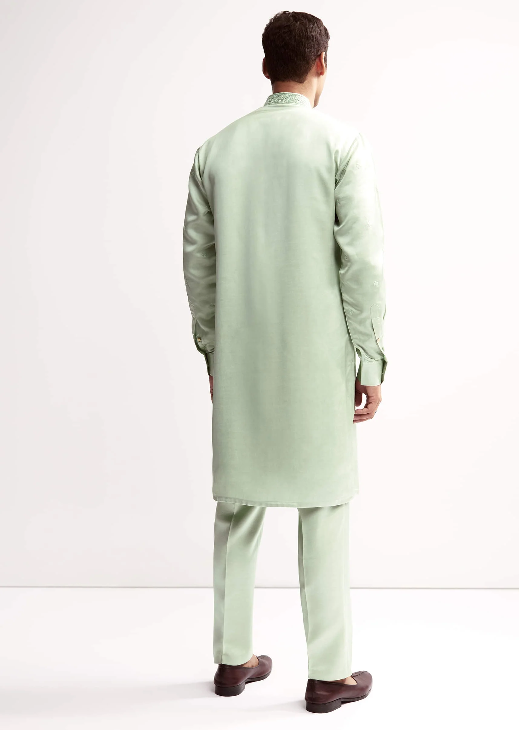 Mint Green Satin Blend Kurta Set For Men With Zardosi Embroidery - Image 5