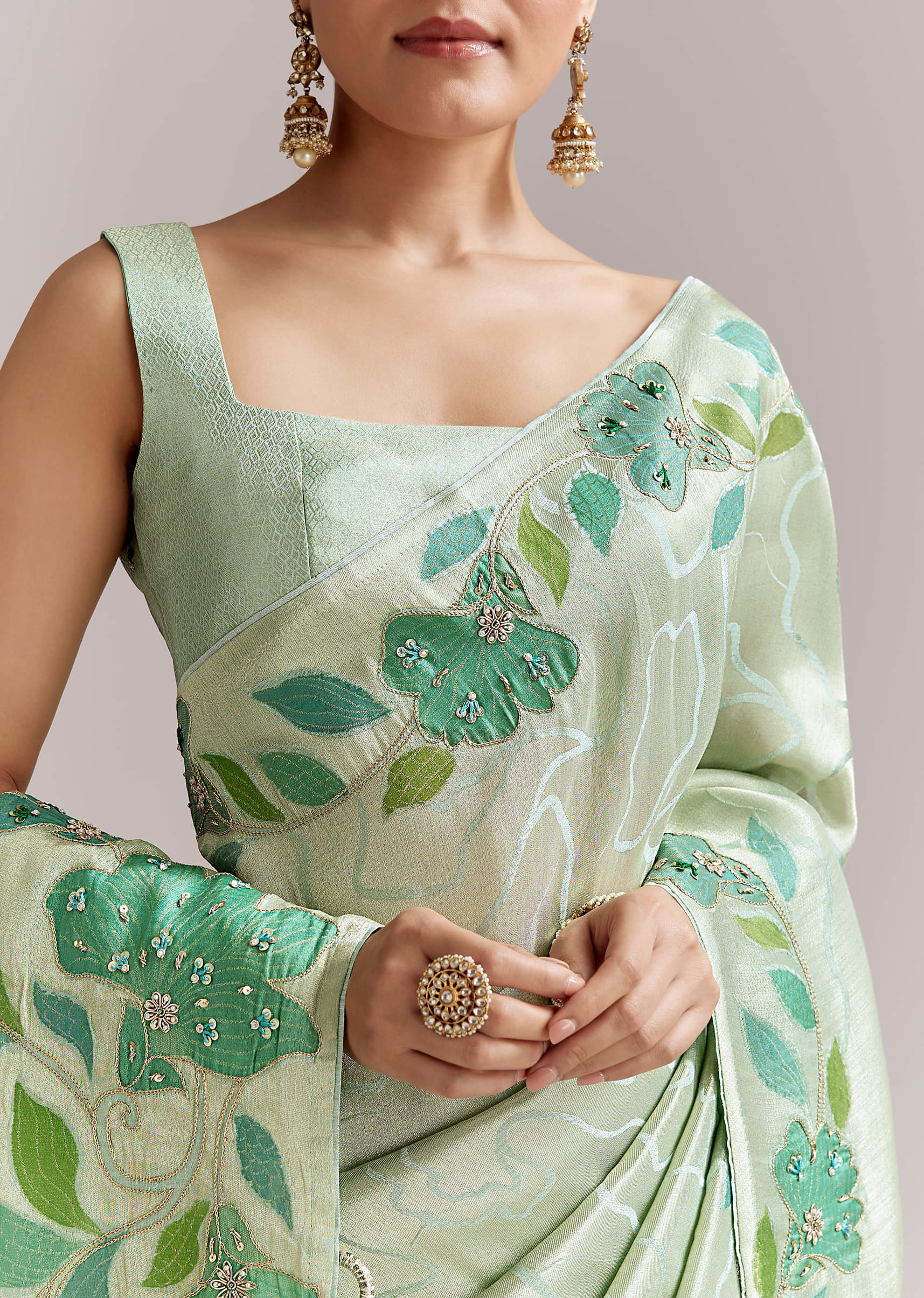 Mint Green Satin Printed Saree With Digital Florals - Image 2