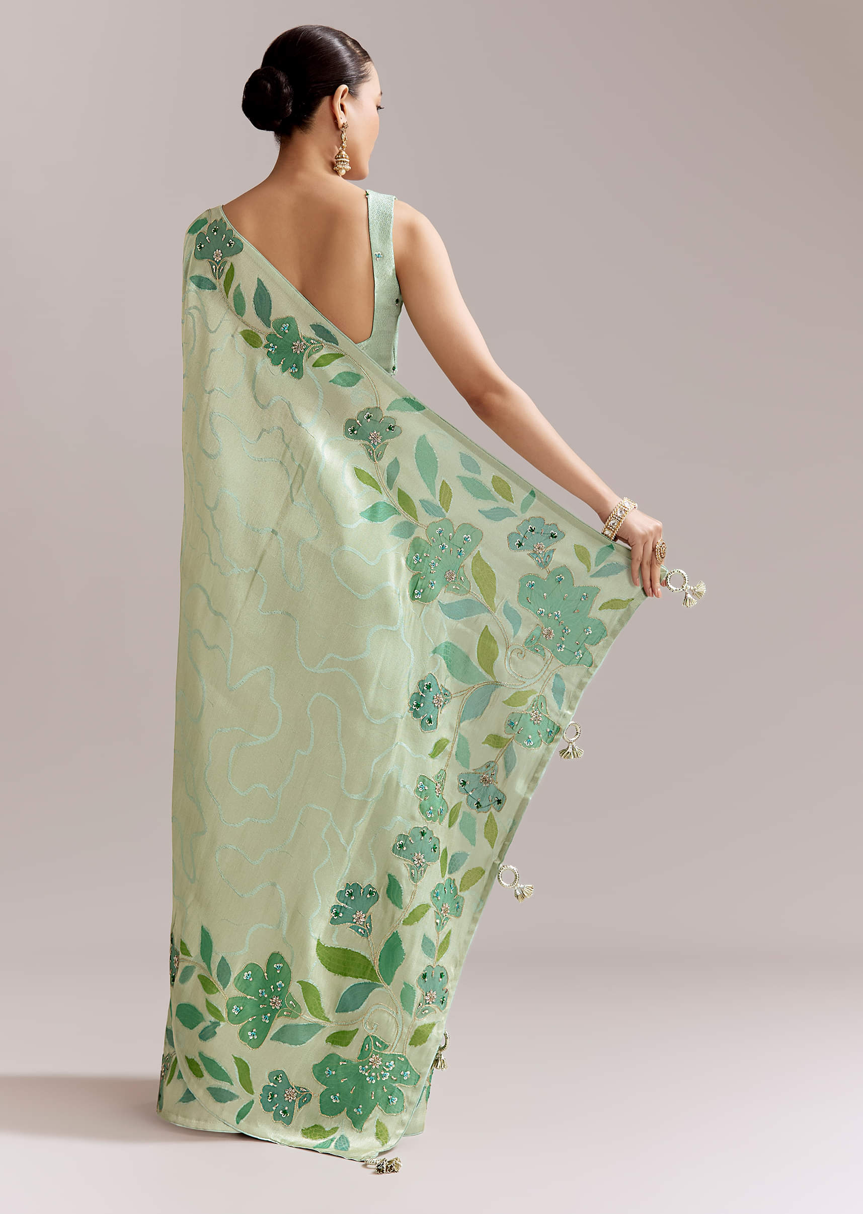 Mint Green Satin Printed Saree With Digital Florals - Image 4