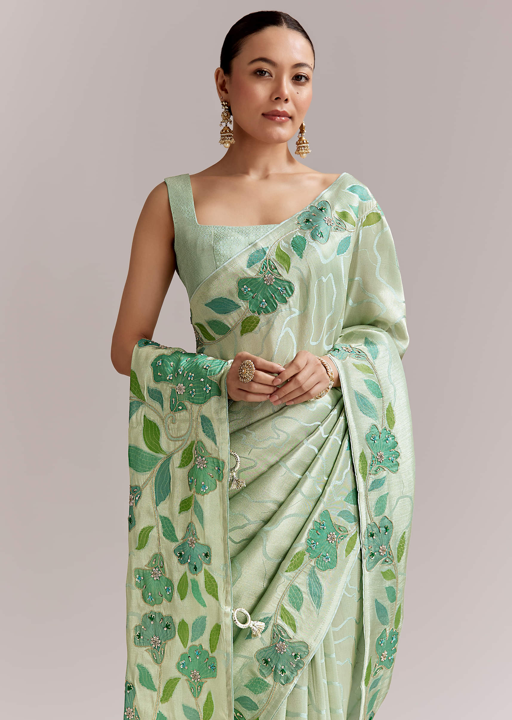Mint Green Satin Printed Saree With Digital Florals - Image 5
