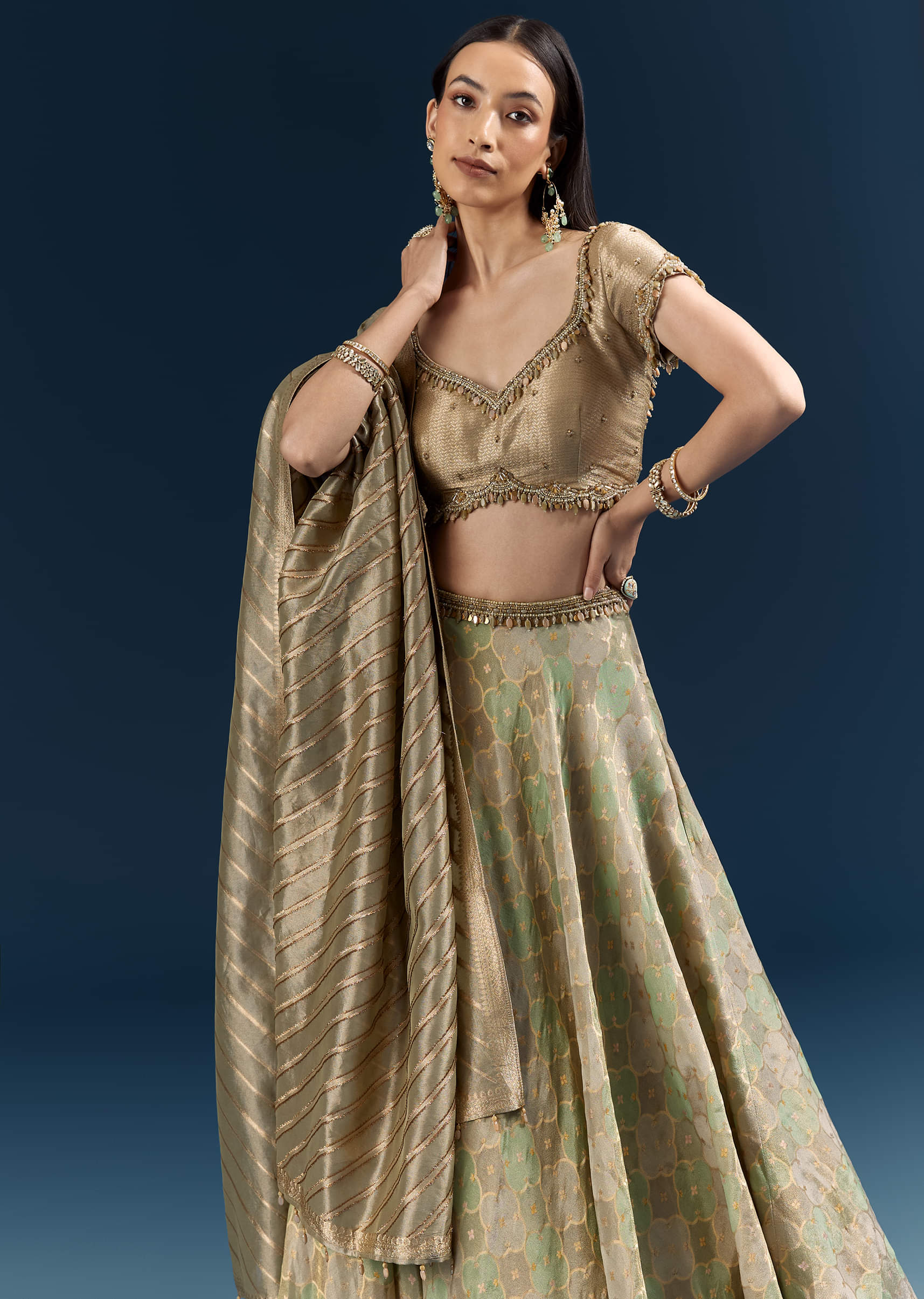 Mint Green Silk Bridesmaid Lehenga With Heavy Embroidery - Image 3