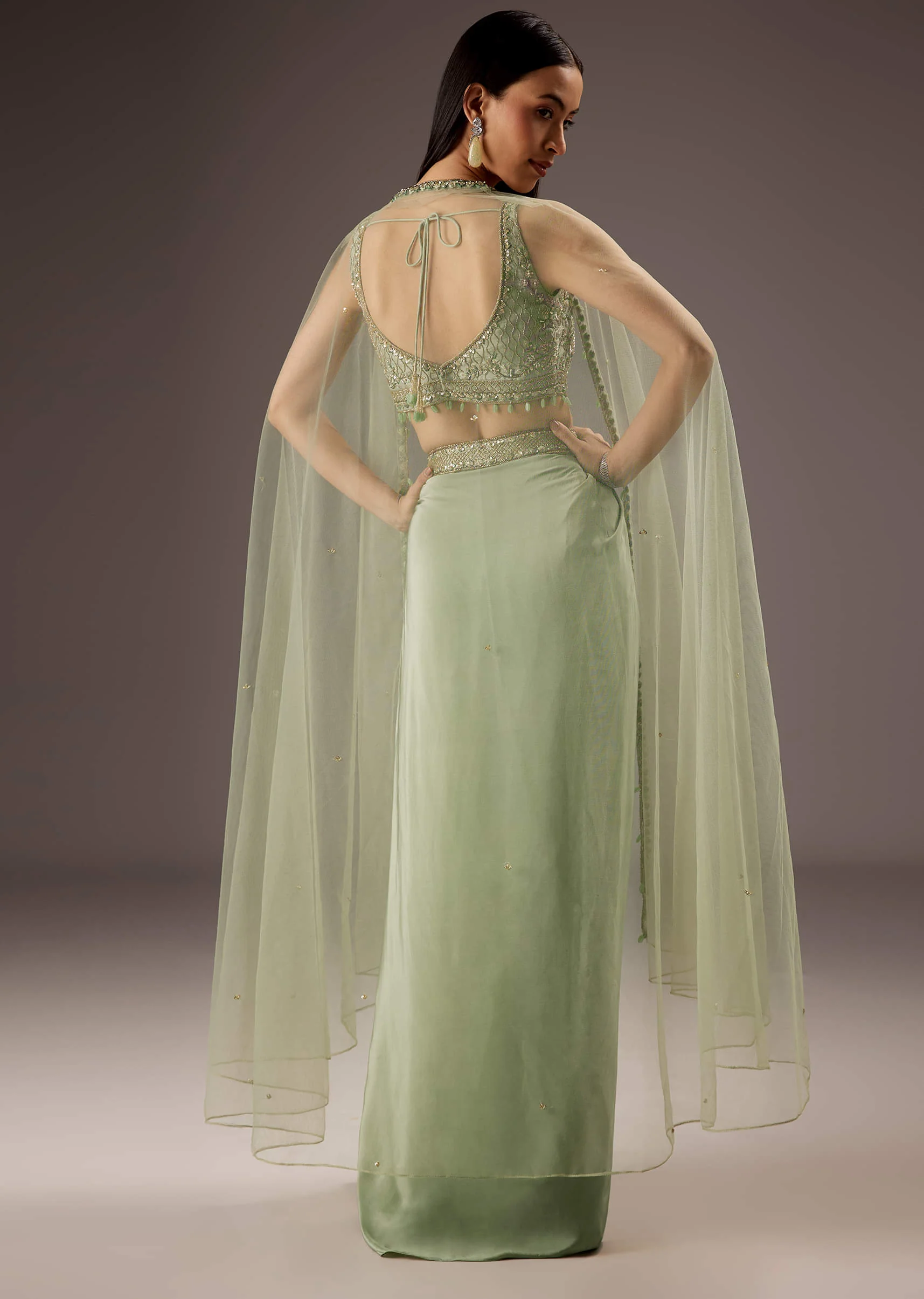 Mint Green Silk Crop Top Skirt With Monotone Embroidery - Image 2