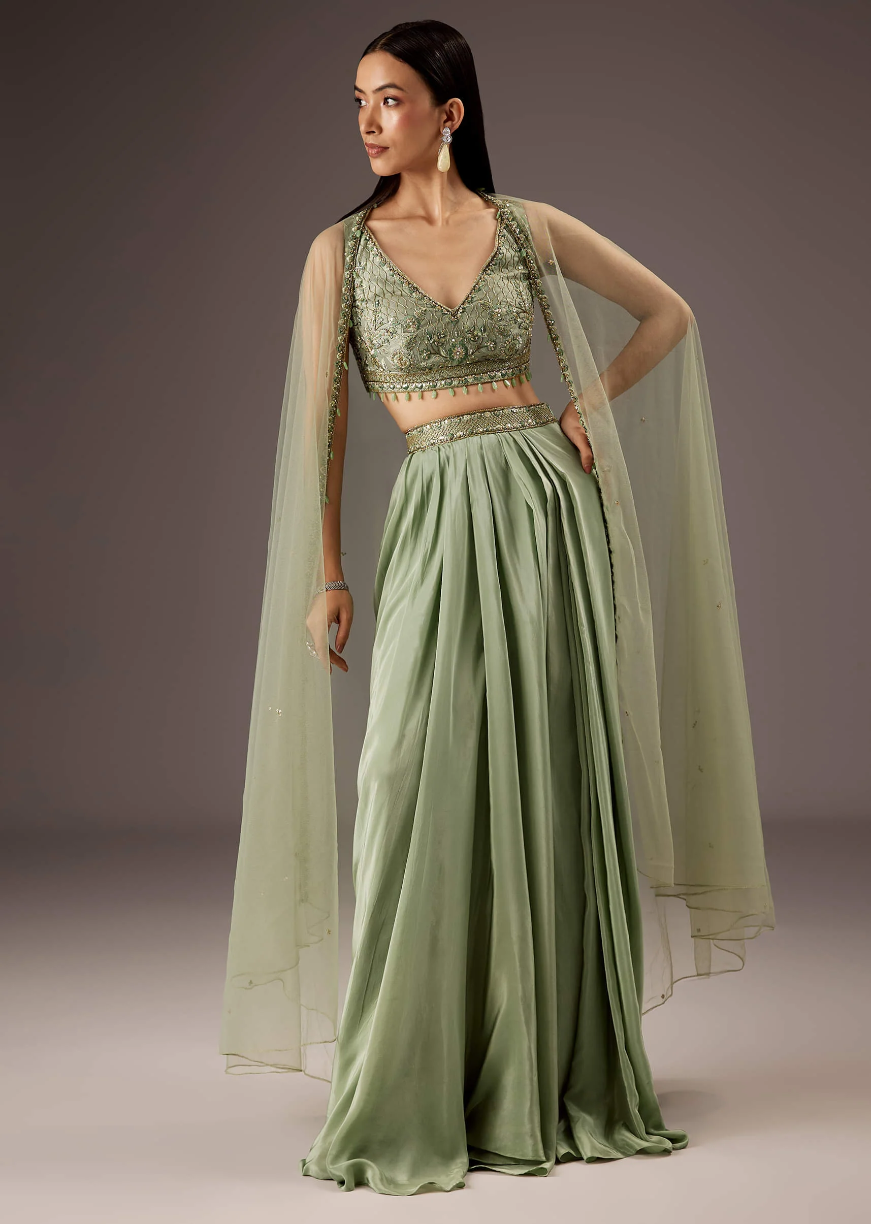 Mint Green Silk Crop Top Skirt With Monotone Embroidery - Image 4