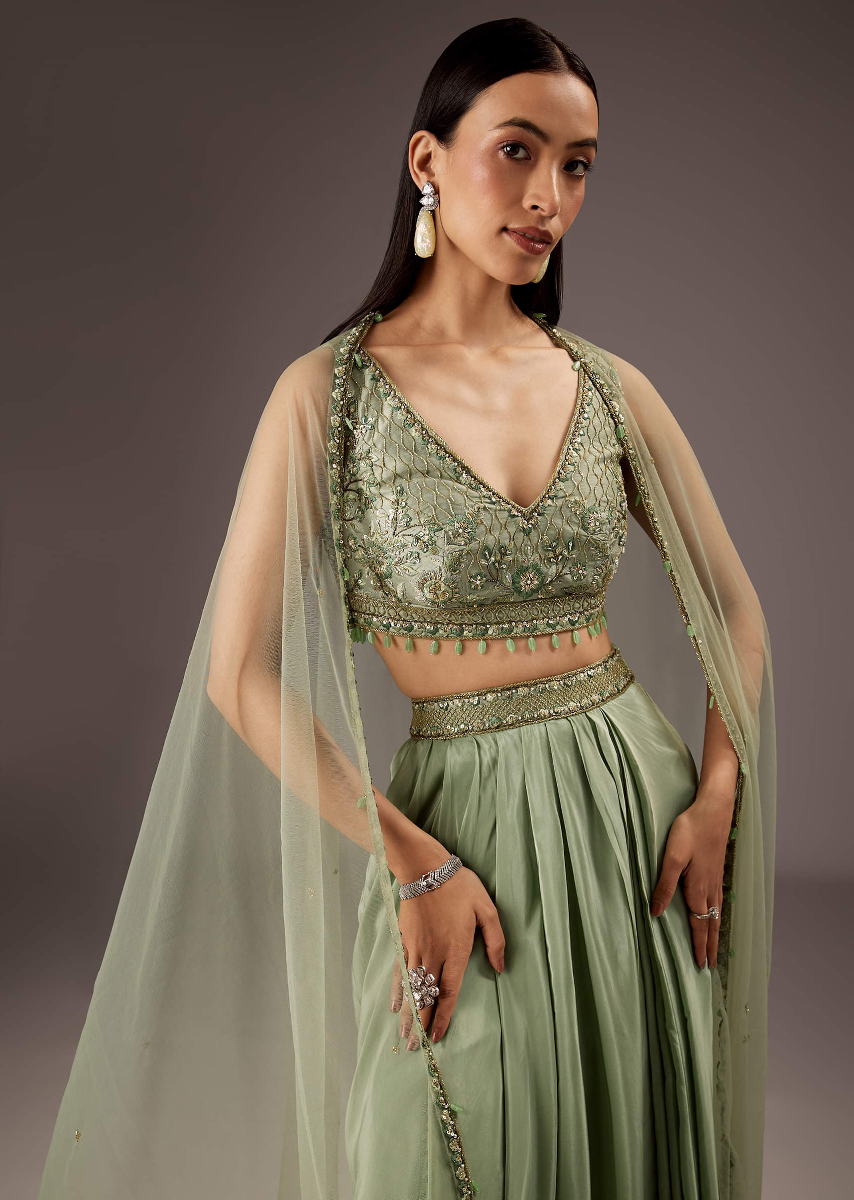 Mint Green Silk Crop Top Skirt With Monotone Embroidery - Image 5