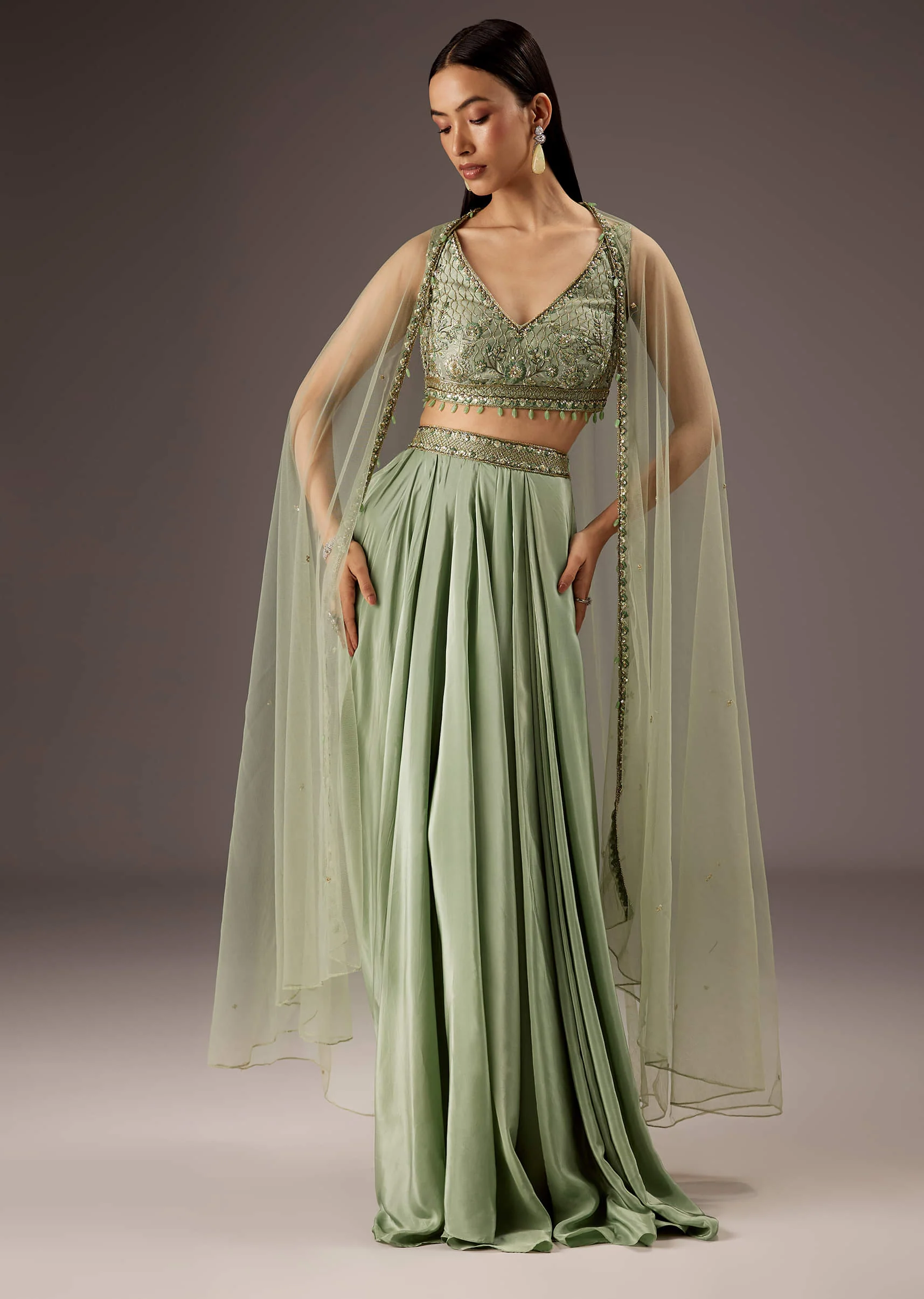 Mint Green Silk Crop Top Skirt With Monotone Embroidery - Image 6