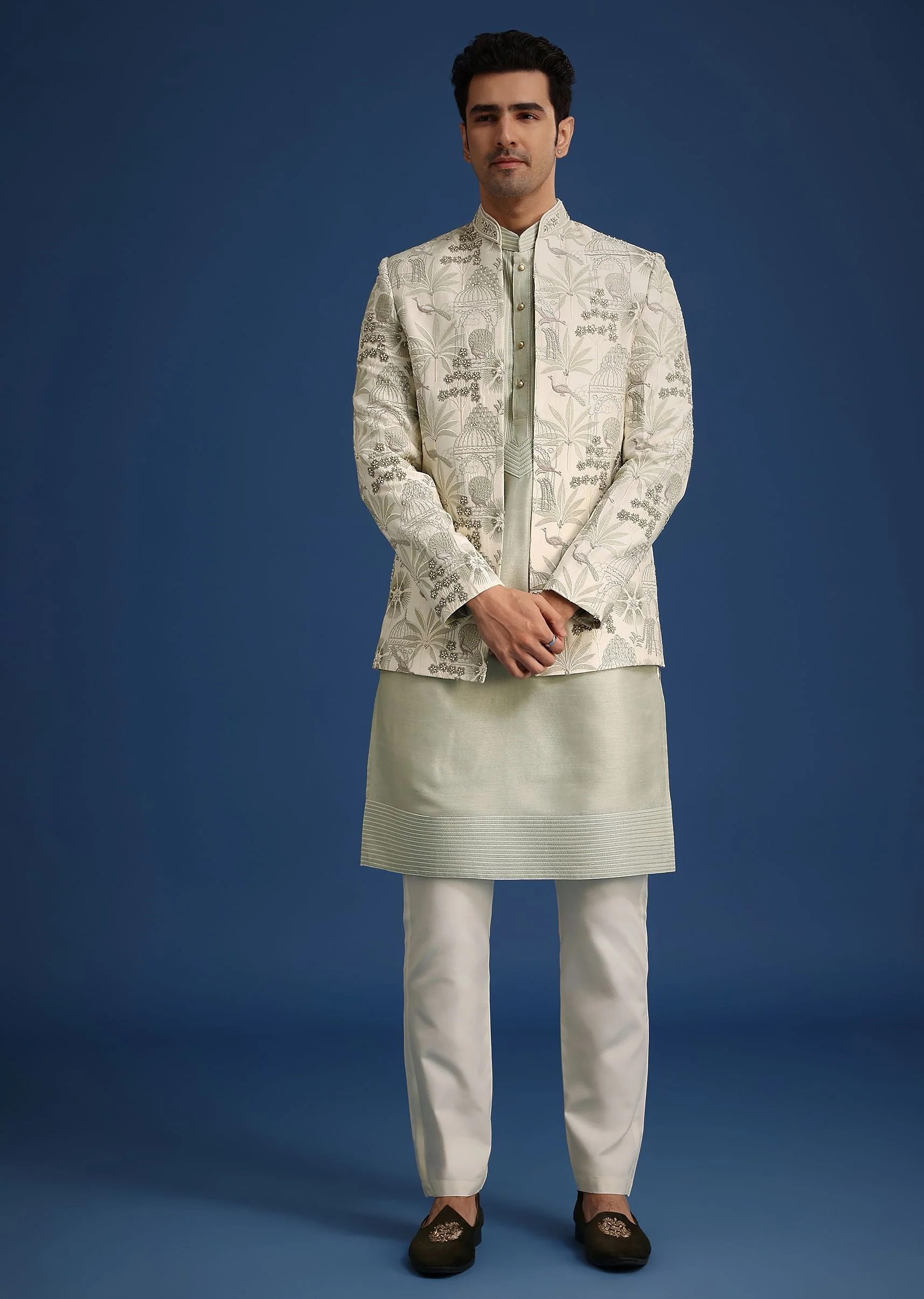 Mint Green Silk Cutdana Embroidered Jodhpuri Set - Image 2