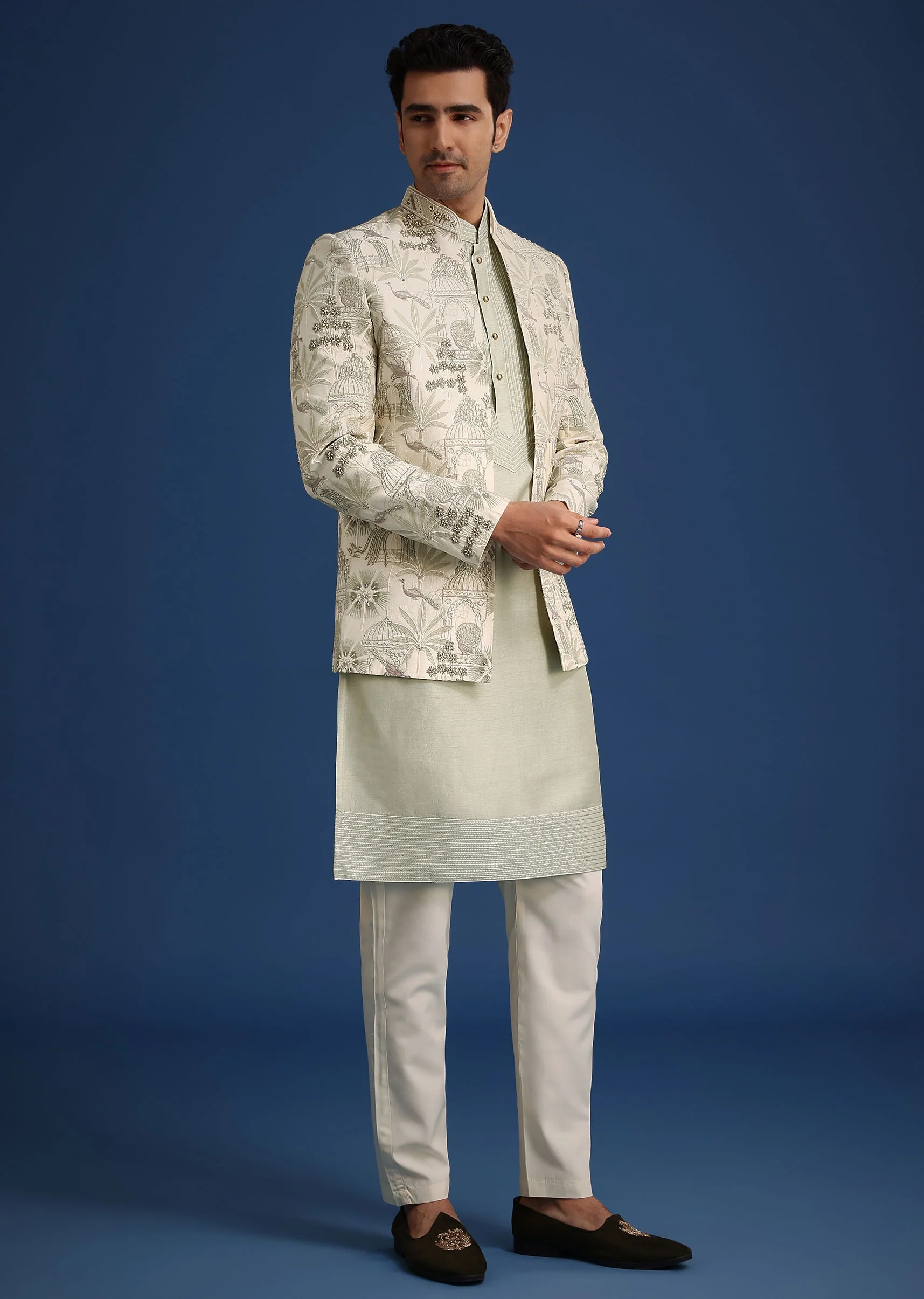 Mint Green Silk Cutdana Embroidered Jodhpuri Set - Image 4