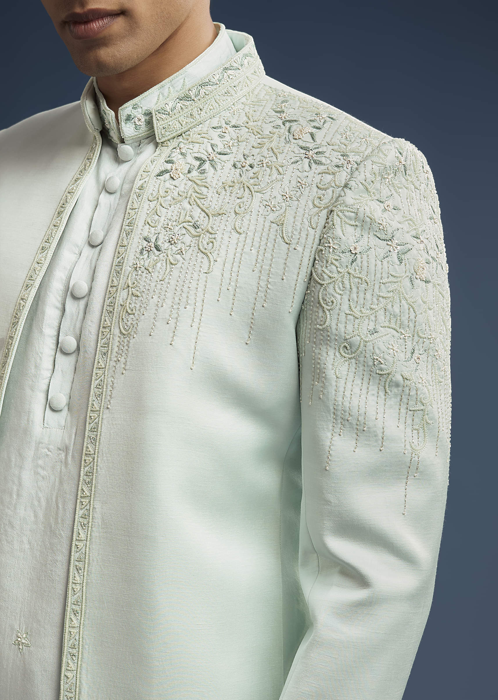 Mint Green Silk Jodhpuri Suit For Men With Zardosi Embroidery - Image 8