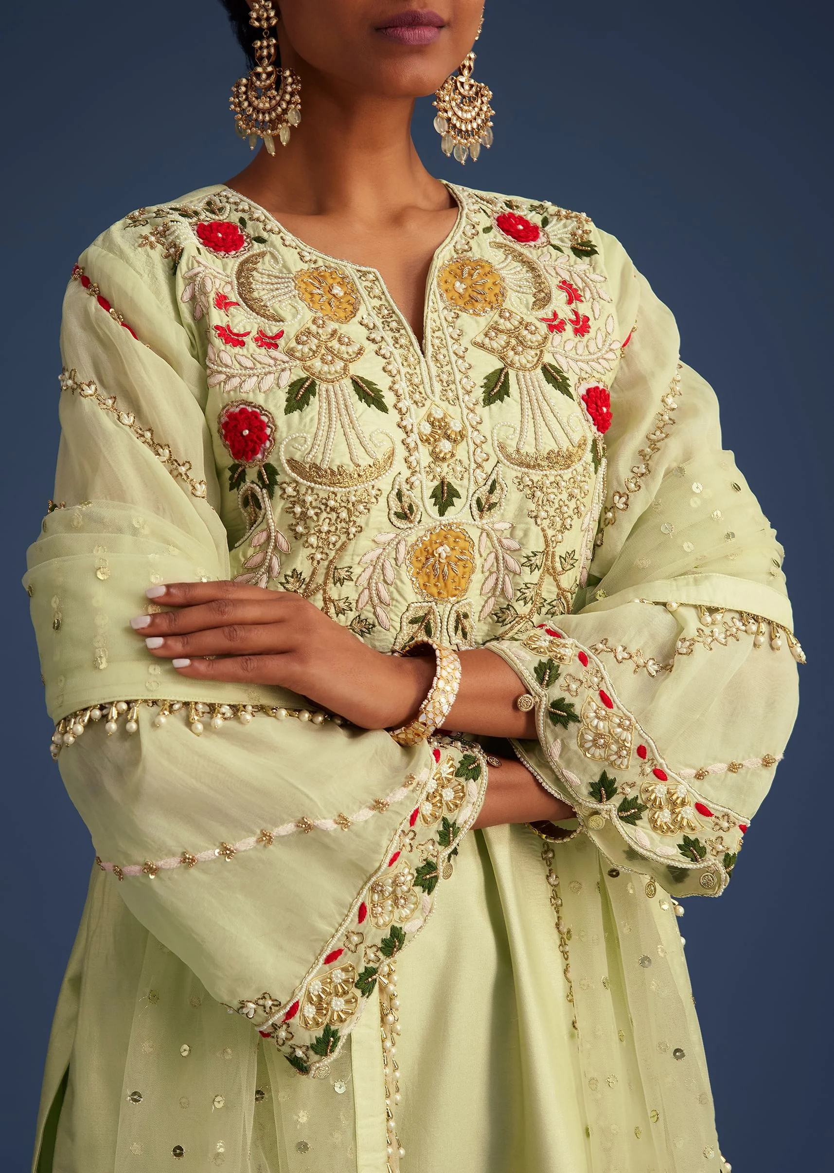 Mint Green Silk Kurta Set With Embroidery - Image 2