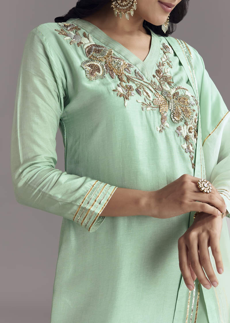 Mint Green Silk Kurta Sharara Set With Gotta Work - Image 2