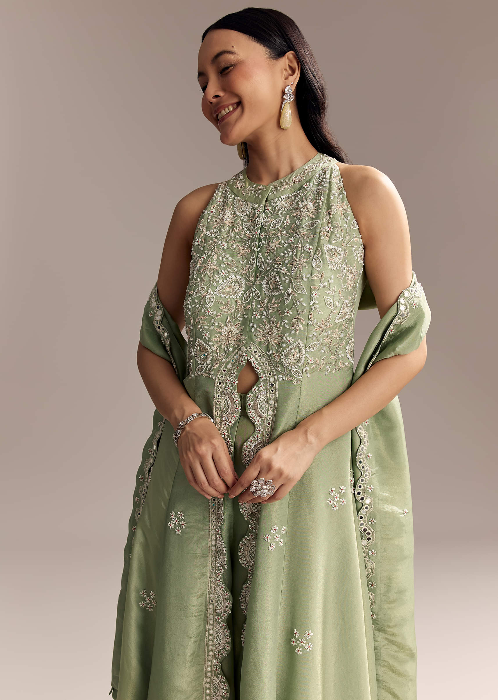 Mint Green Tissue Anarkali Suit With Cutdana And Beads Embroidery - Image 4