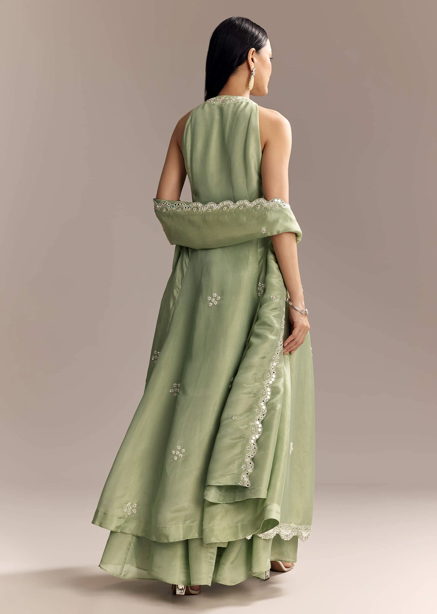 Mint Green Tissue Anarkali Suit With Cutdana And Beads Embroidery - Image 5