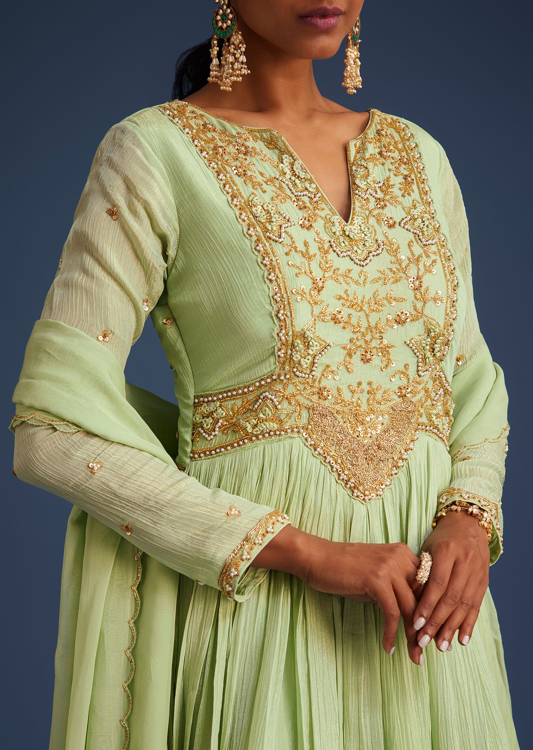Mint Green Tissue Embroidered Anarkali With Dupatta - Image 2