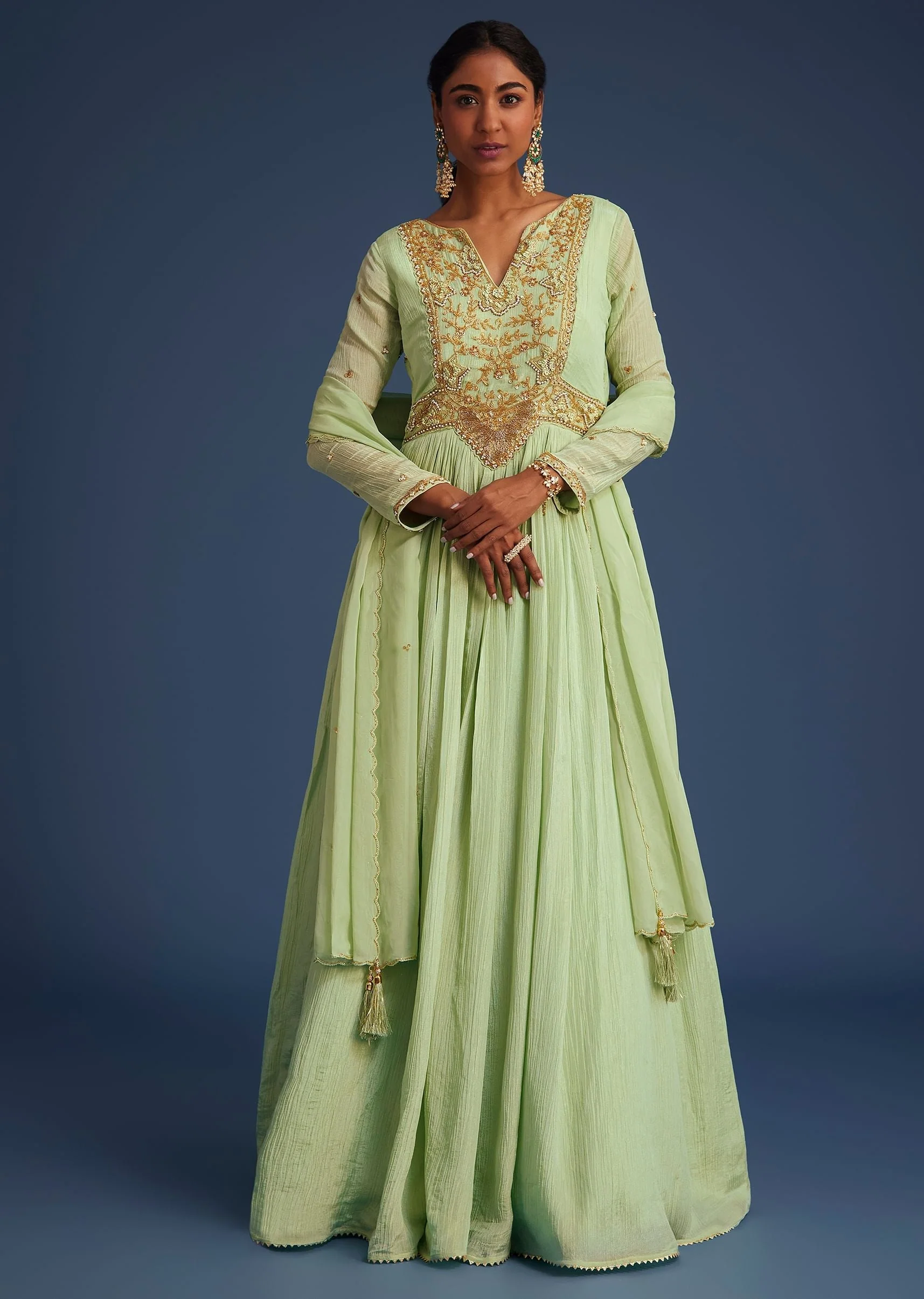 Mint Green Tissue Embroidered Anarkali With Dupatta - Image 3
