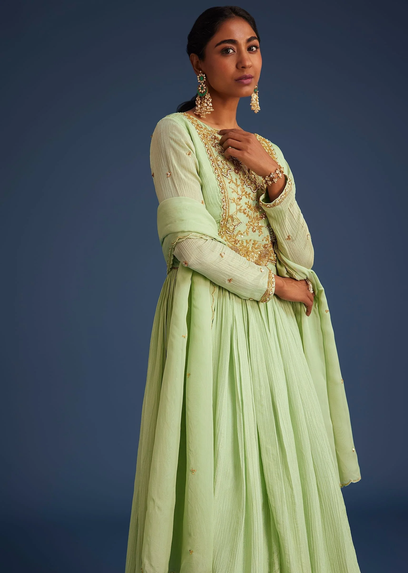 Mint Green Tissue Embroidered Anarkali With Dupatta - Image 4