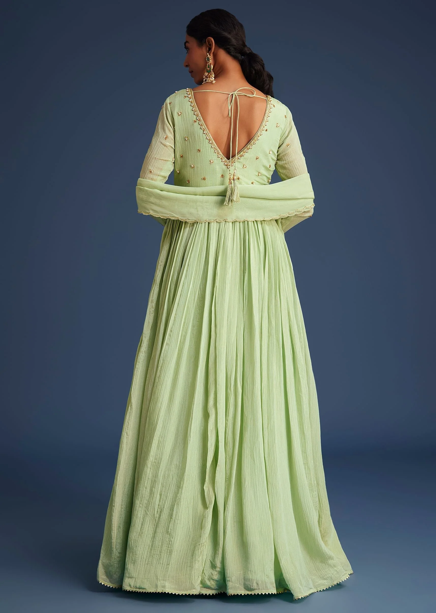 Mint Green Tissue Embroidered Anarkali With Dupatta - Image 5