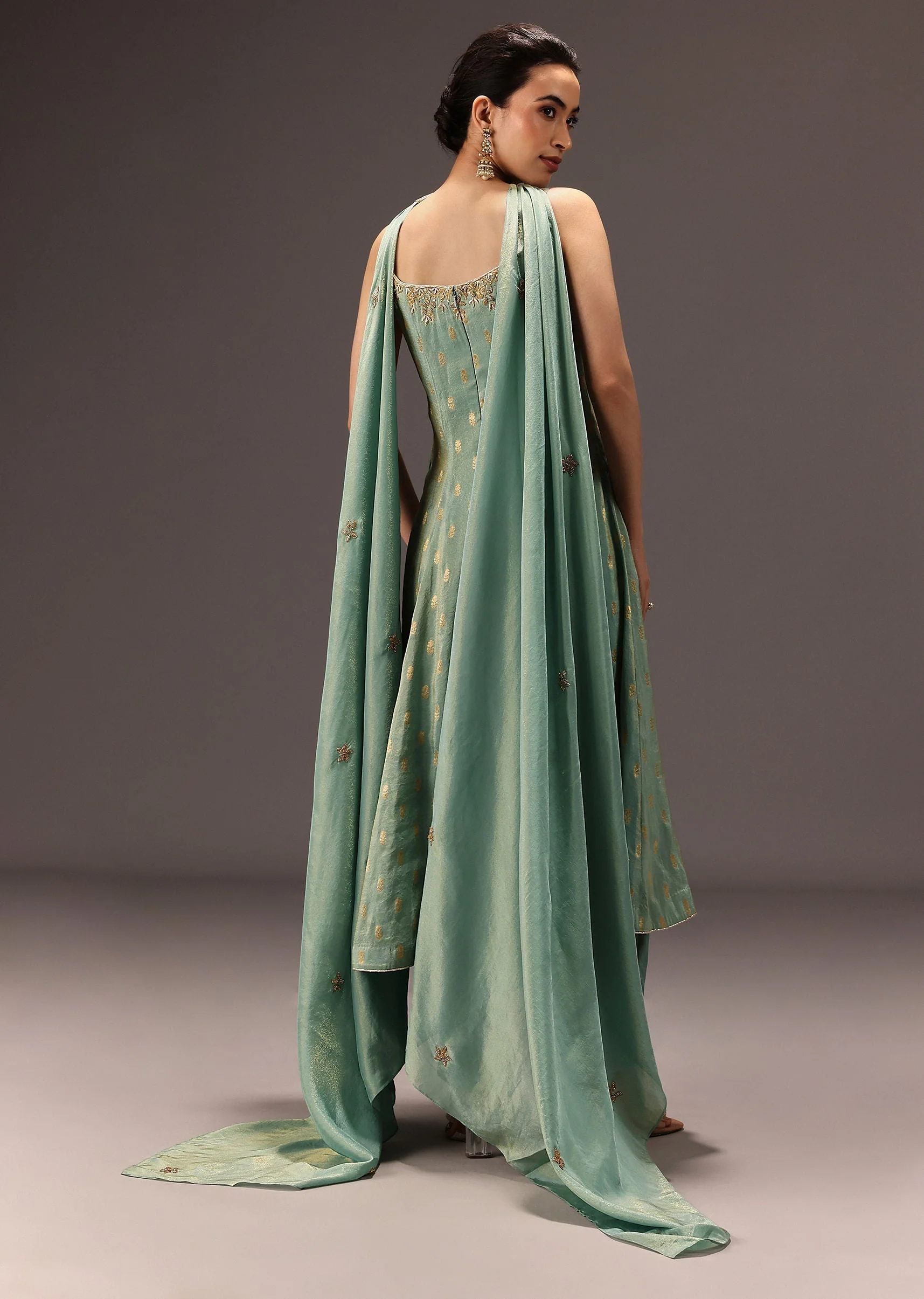 Mint Green Tissue Hand Embroidered Kurta Set - Image 5