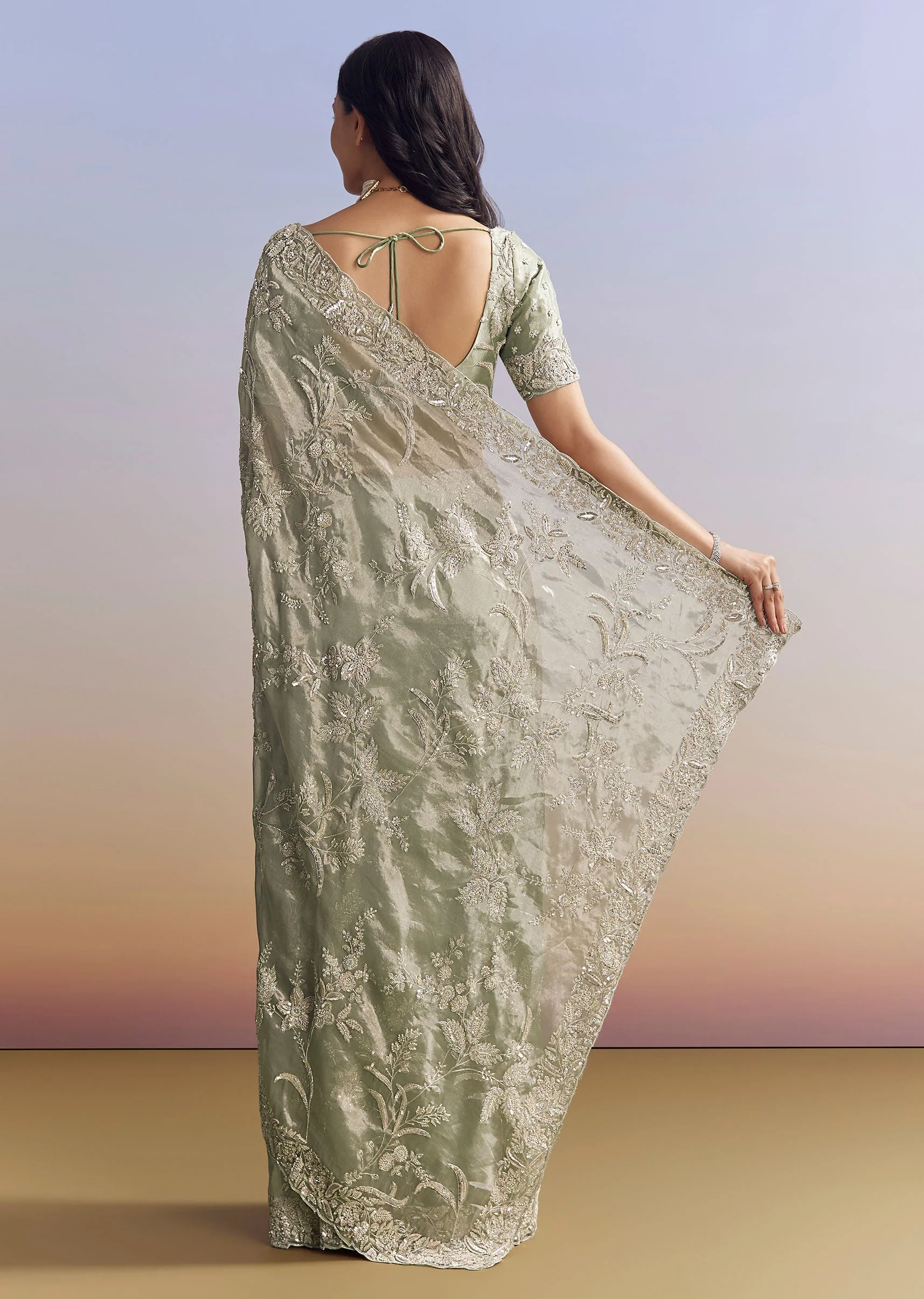 Mint Green Tissue Saree With Heavily Embroidered Finish - Image 11