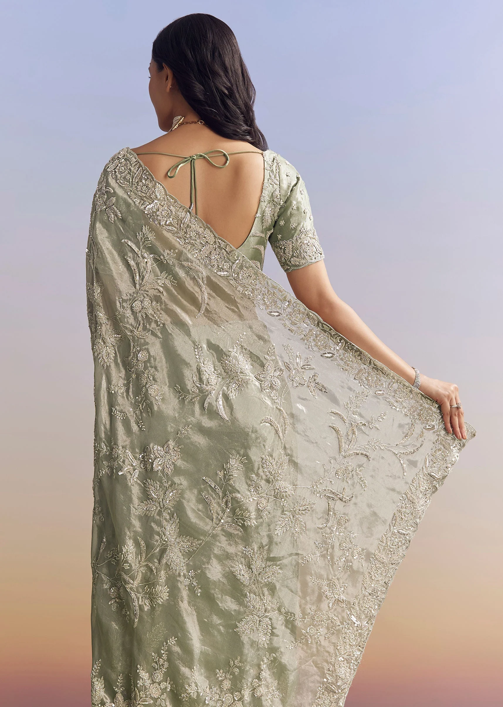 Mint Green Tissue Saree With Heavily Embroidered Finish - Image 13