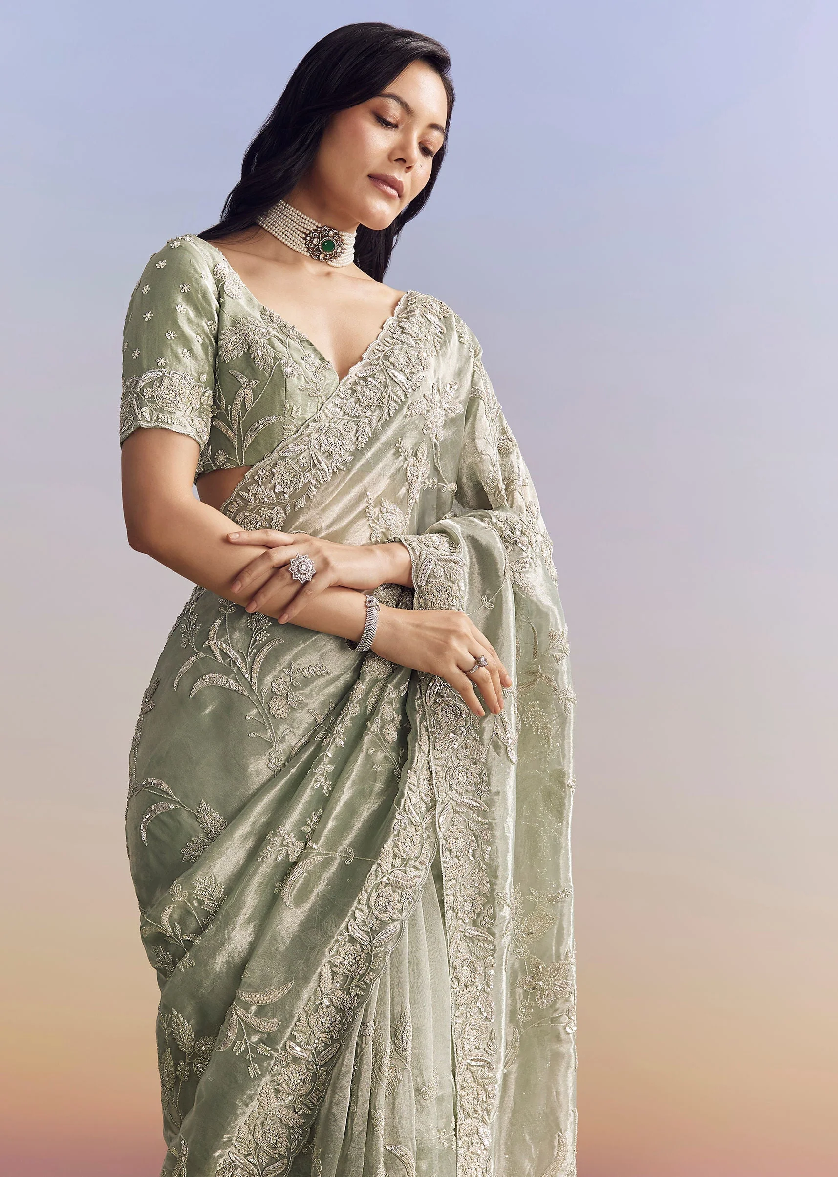 Mint Green Tissue Saree With Heavily Embroidered Finish - Image 5