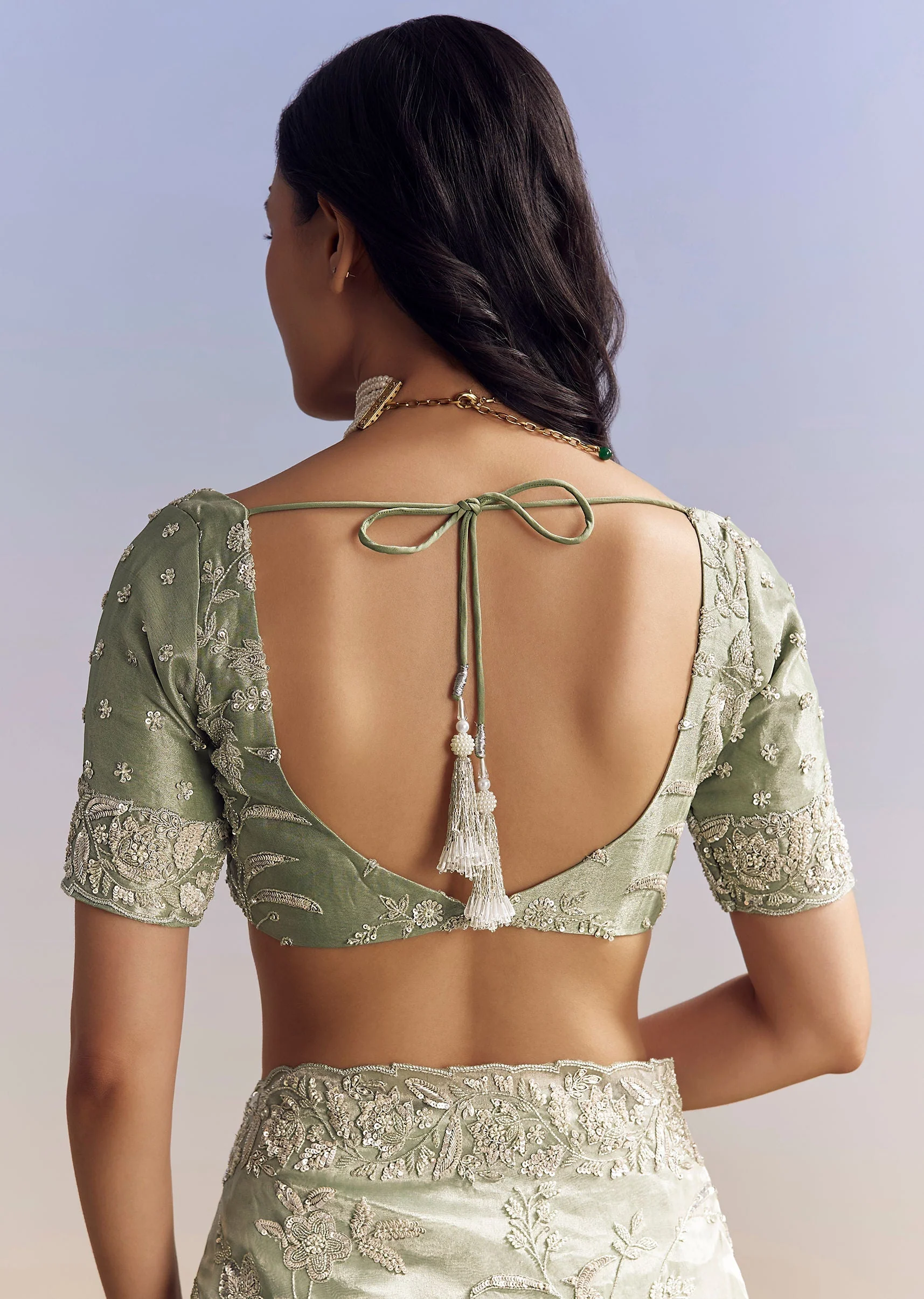 Mint Green Tissue Saree With Heavily Embroidered Finish - Image 8