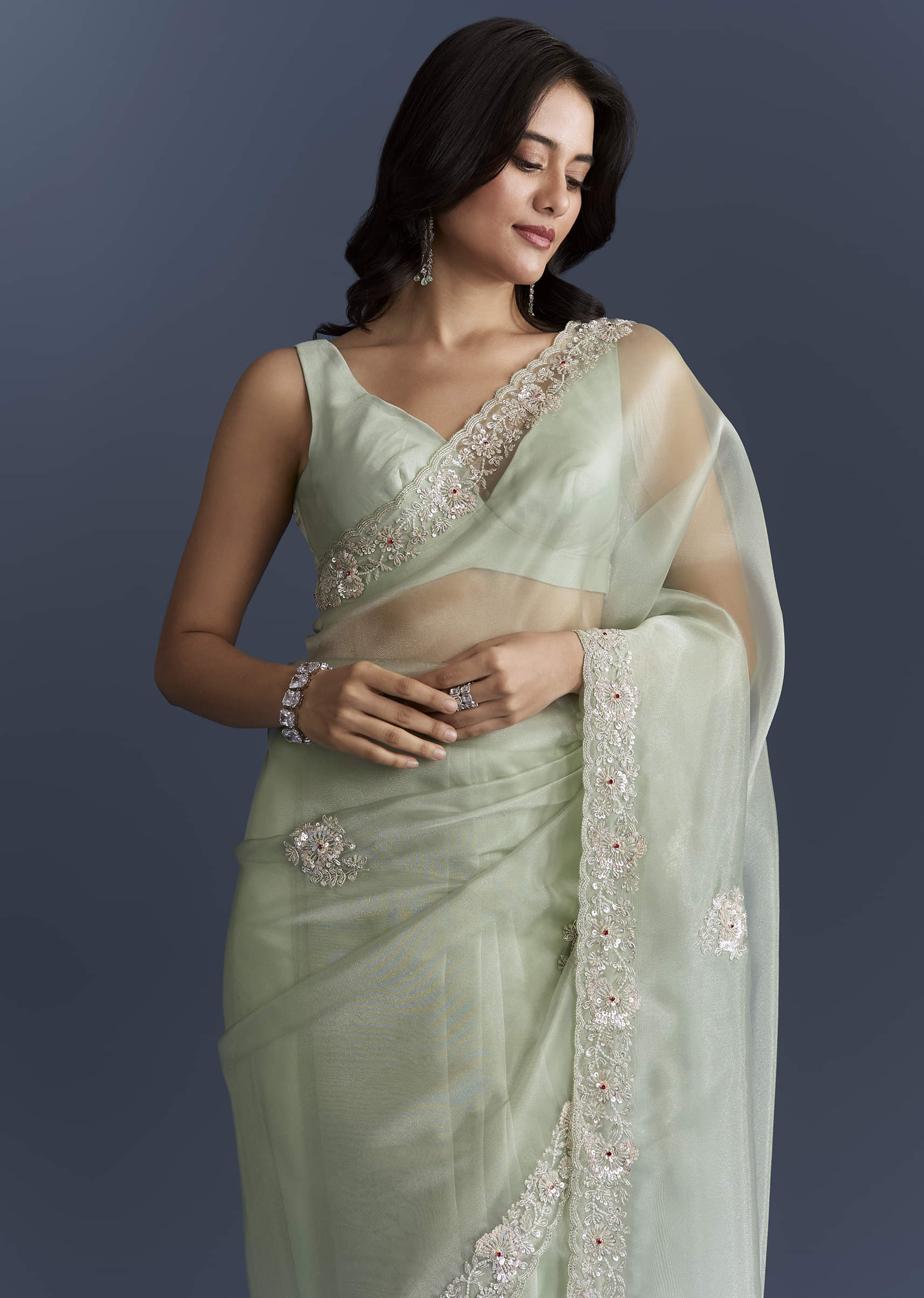 Mint Green Tissue Saree With Heavy Hand Embroidery - Image 5
