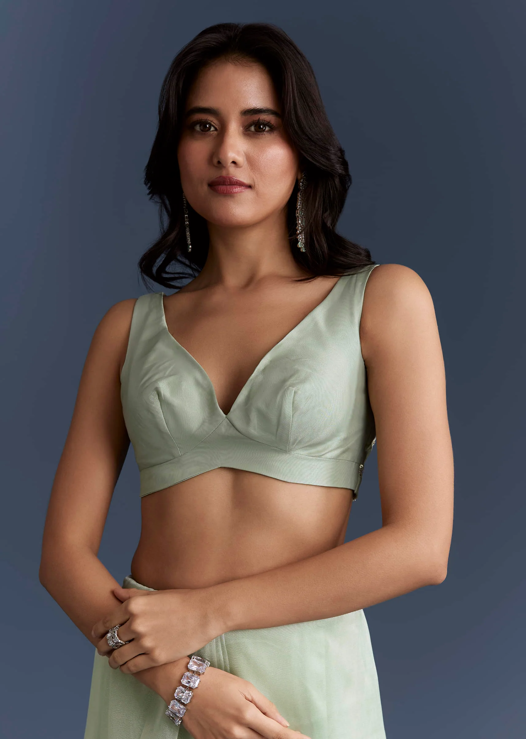 Mint Green Tissue Saree With Heavy Hand Embroidery - Image 7