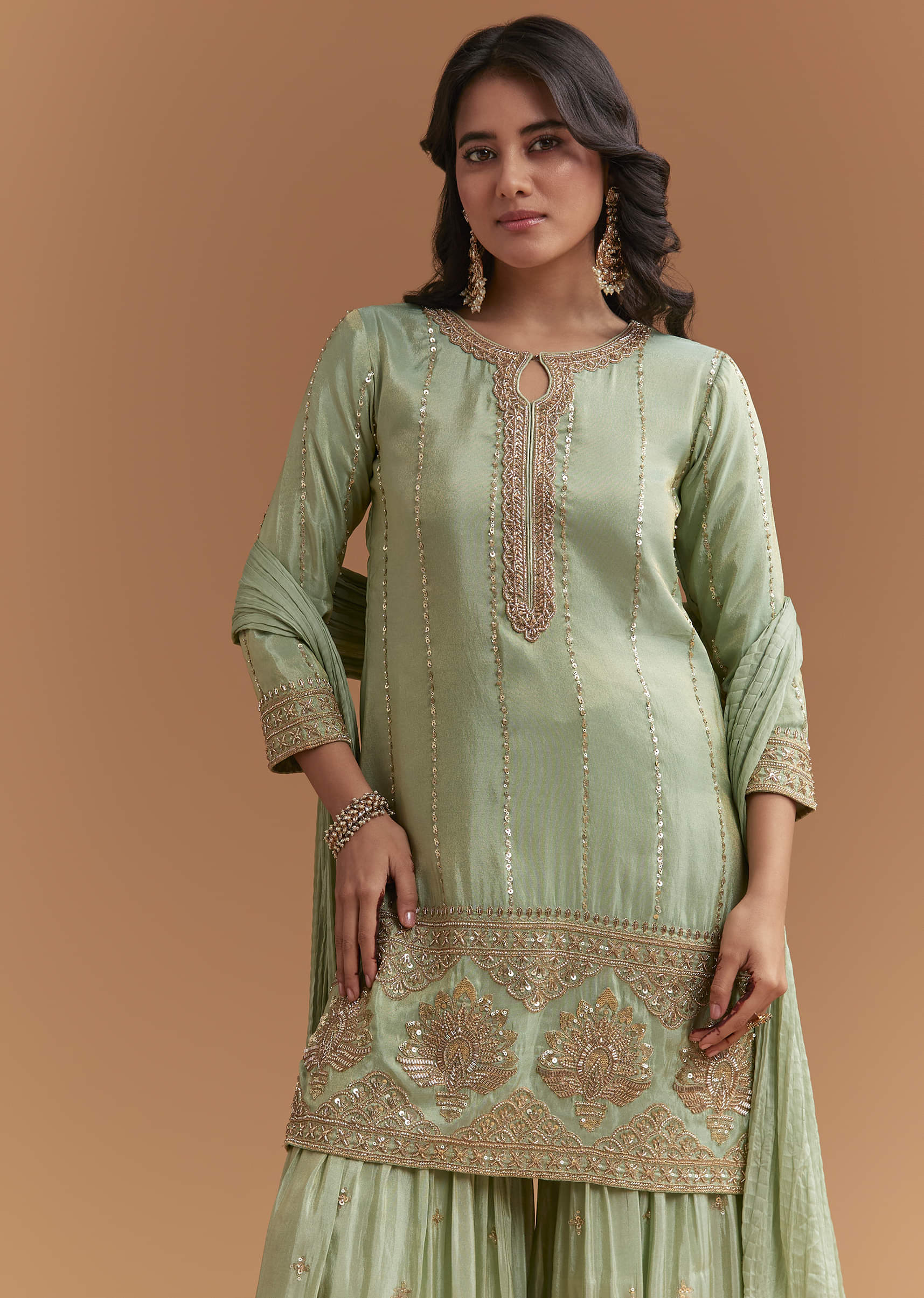 Mint Green Tissue Sharara Suit With Beads And Sequins Work - Image 5