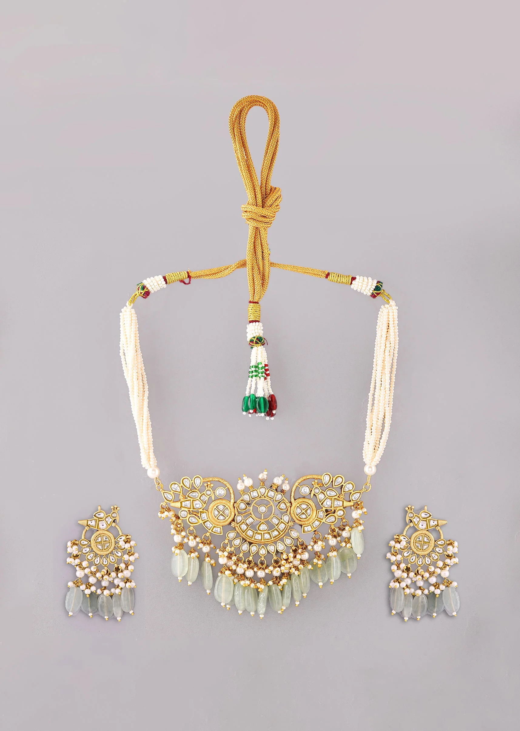 Mint Green White Necklace Set With Pachi Kundan - Image 2