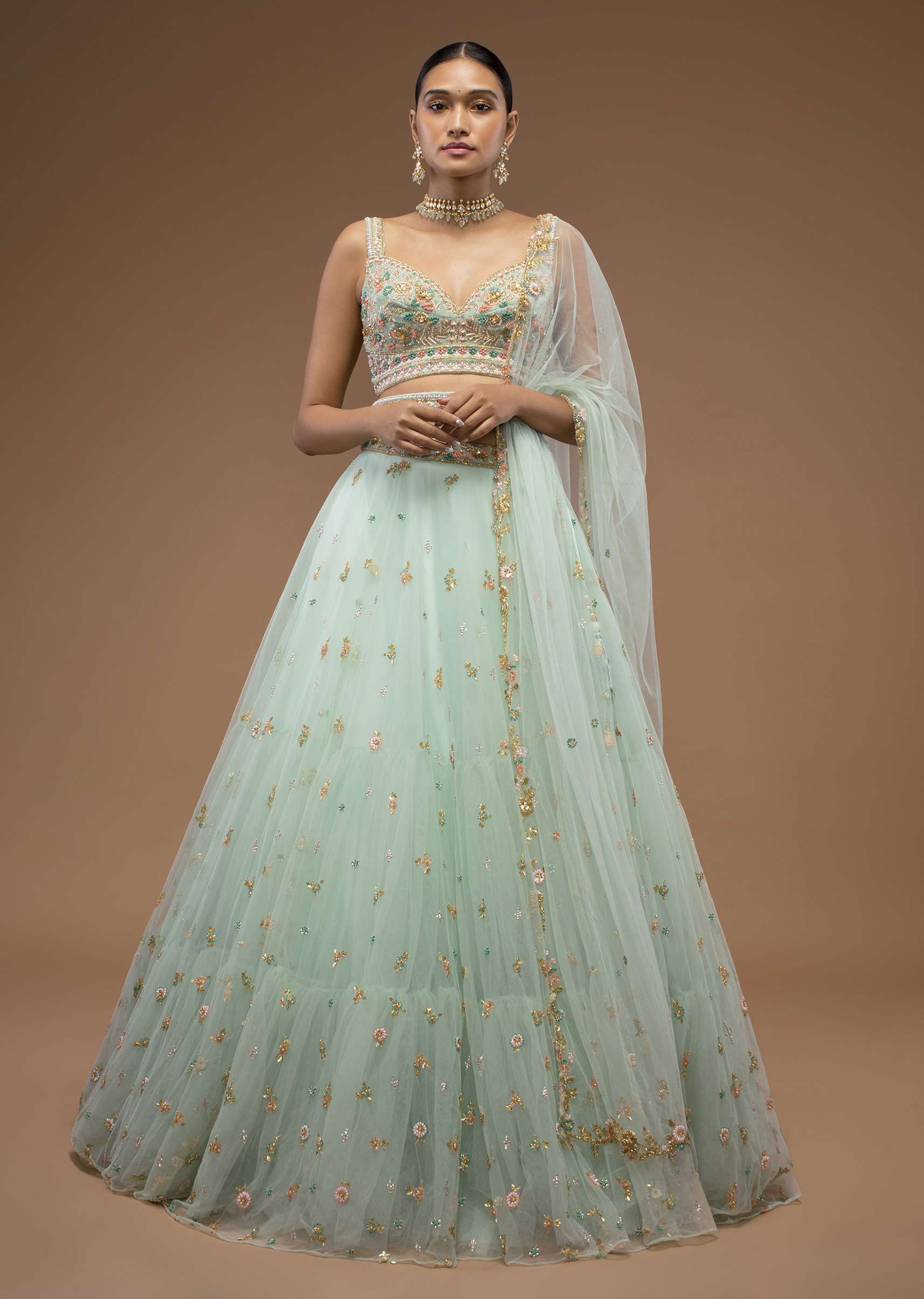 Mint Lehenga And A Crop Top Set Crafted In Net With Sequins And Resham Work - Image 3