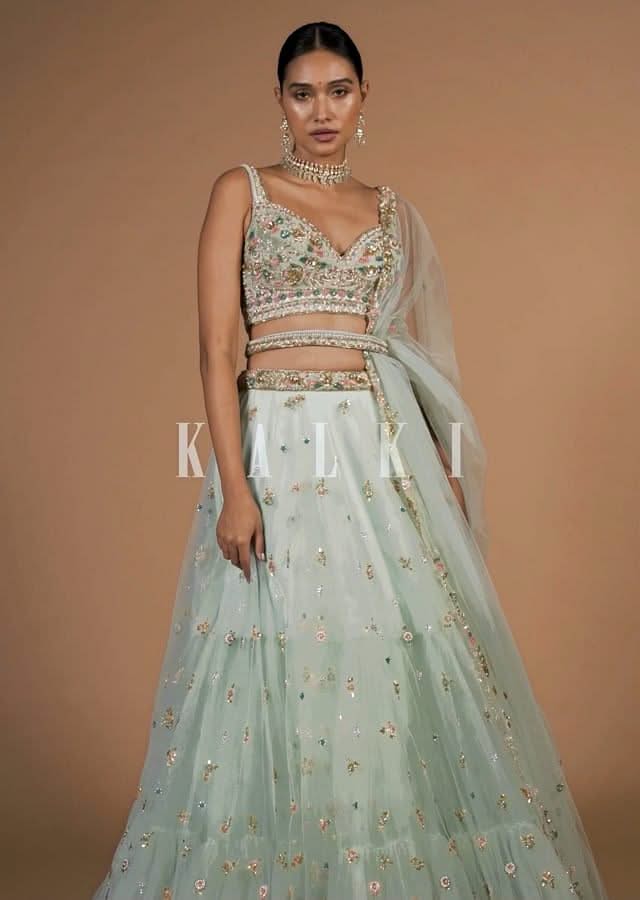 Mint Lehenga And A Crop Top Set Crafted In Net With Sequins And Resham Work - Image 6