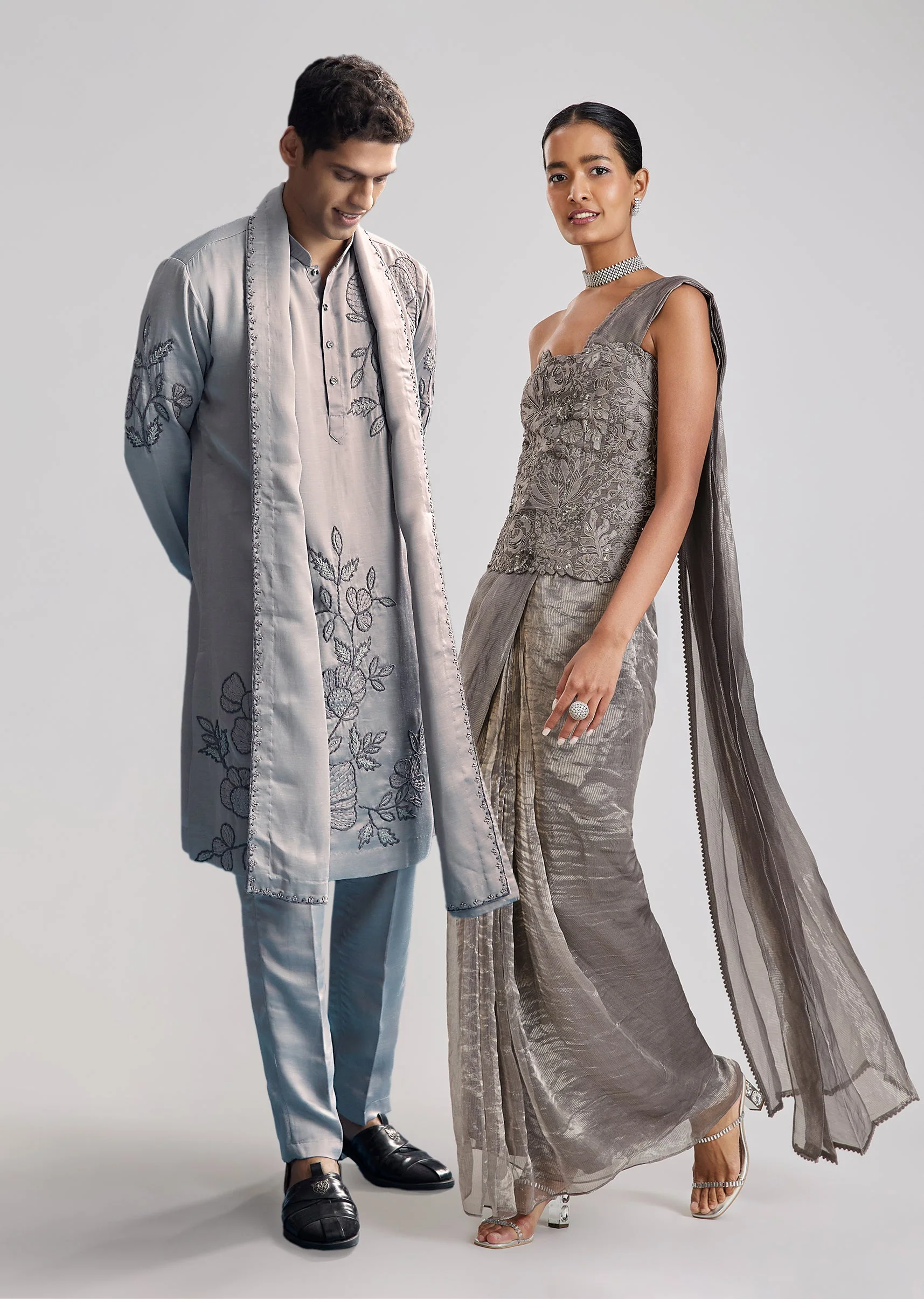 Modern Grey Duo – Indo Western Saree For Her And Kurta Set For Him