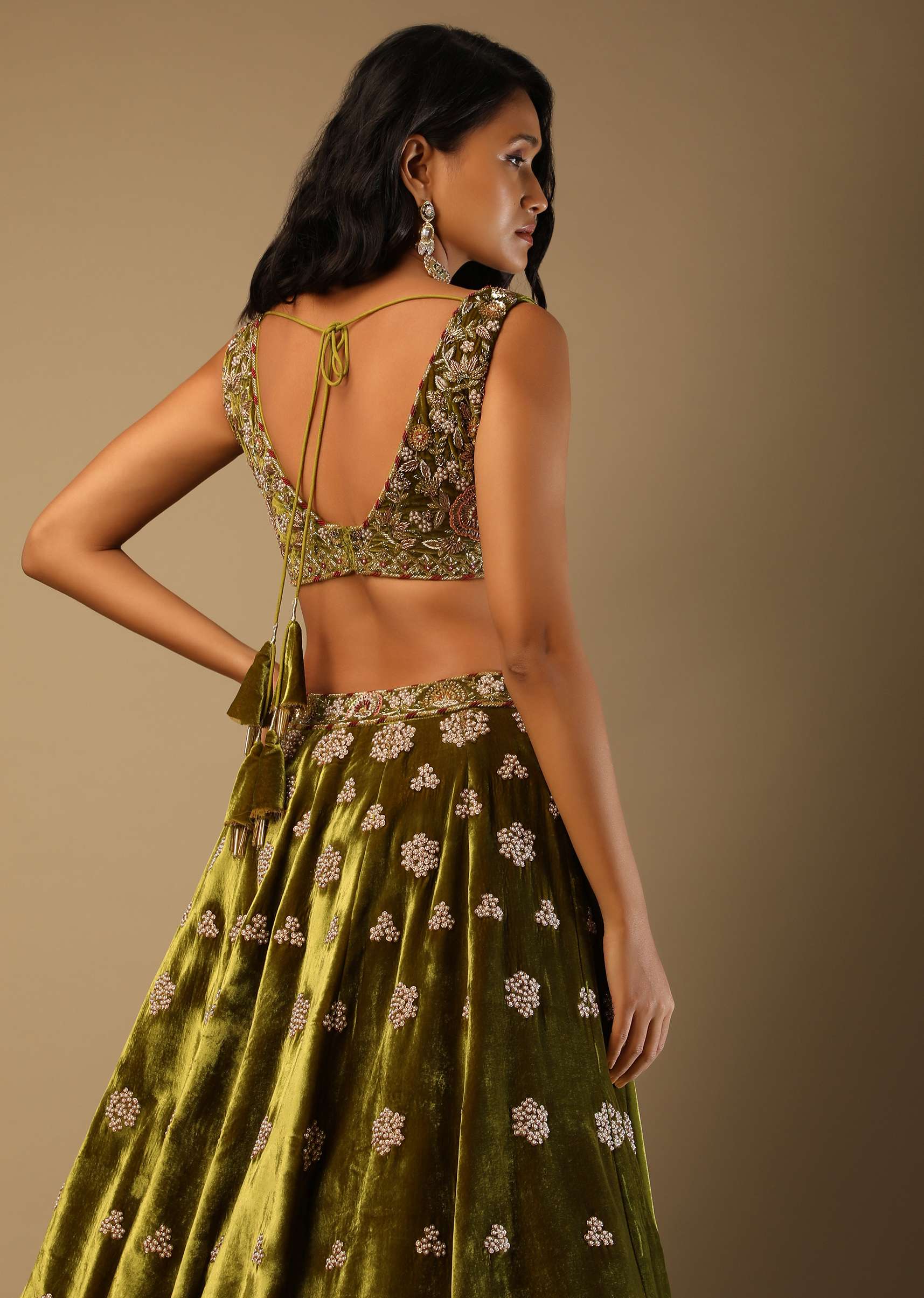 Moss Green Lehenga Choli With Multi Colored Hand Embroidered Floral Buttis - Image 4