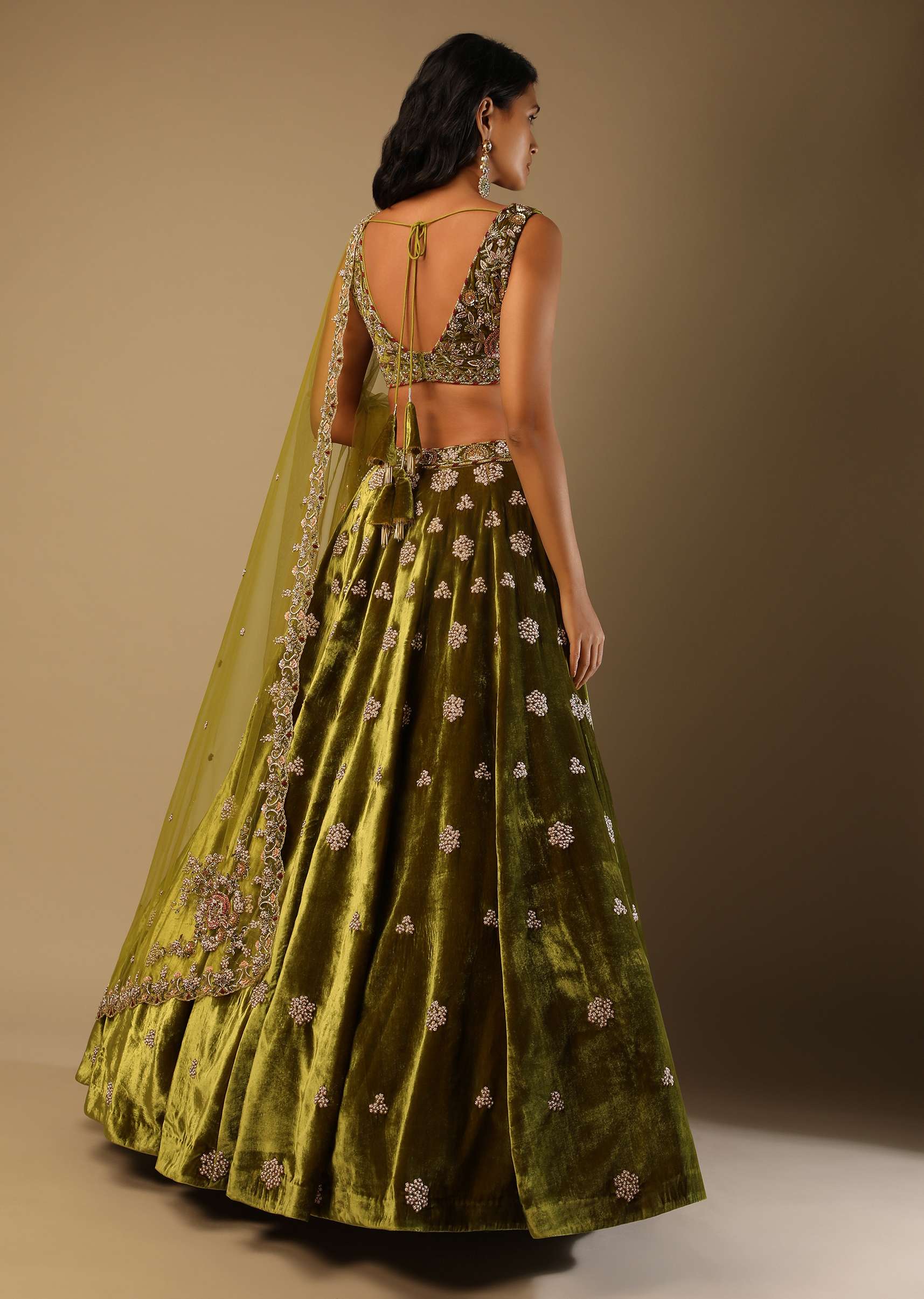 Moss Green Lehenga Choli With Multi Colored Hand Embroidered Floral Buttis - Image 6