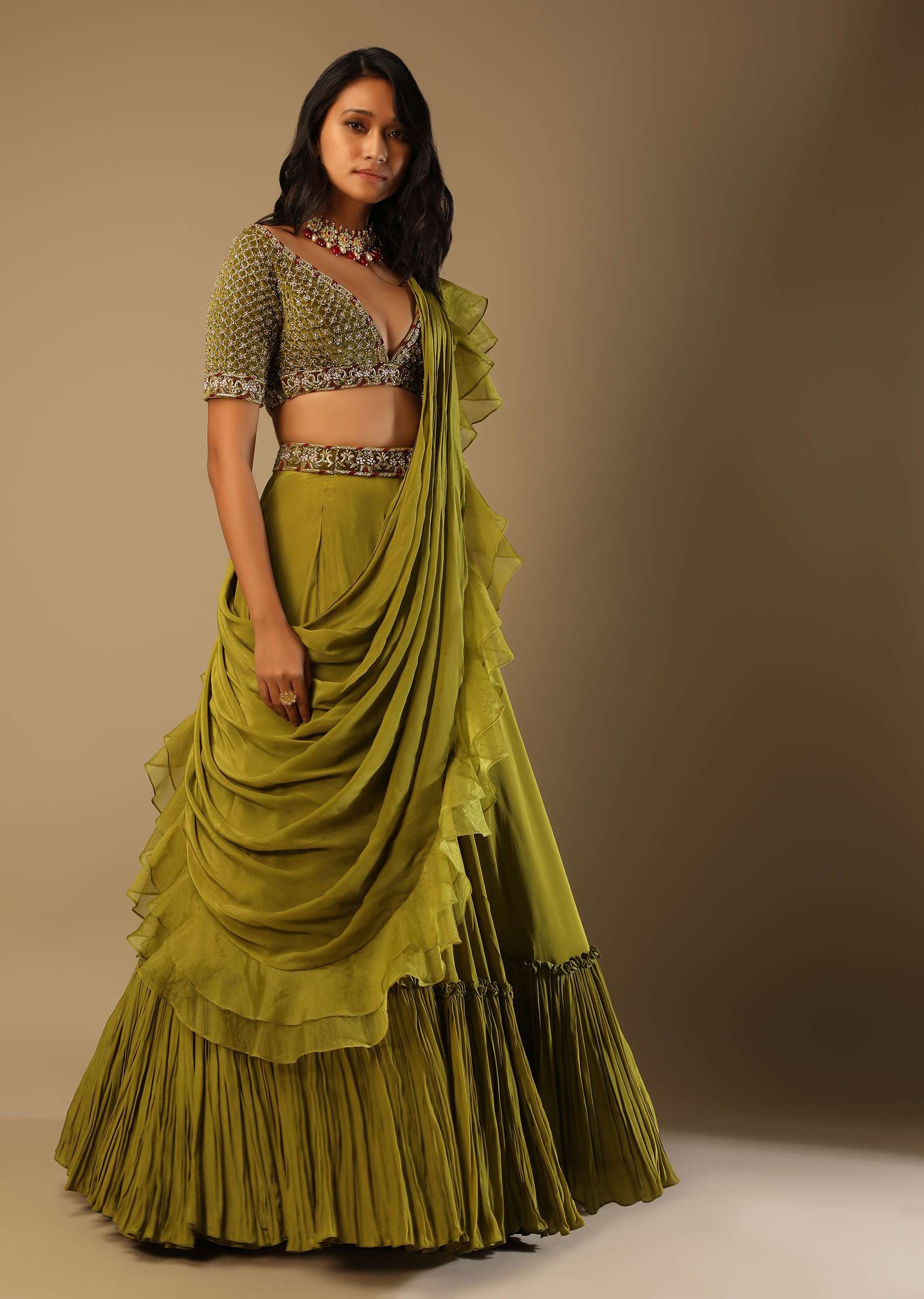 Moss Green Lehenga Saree In Crepe With Frill Drape And Hand Embroidered Choli Using Cut Dana Jaal - Image 3