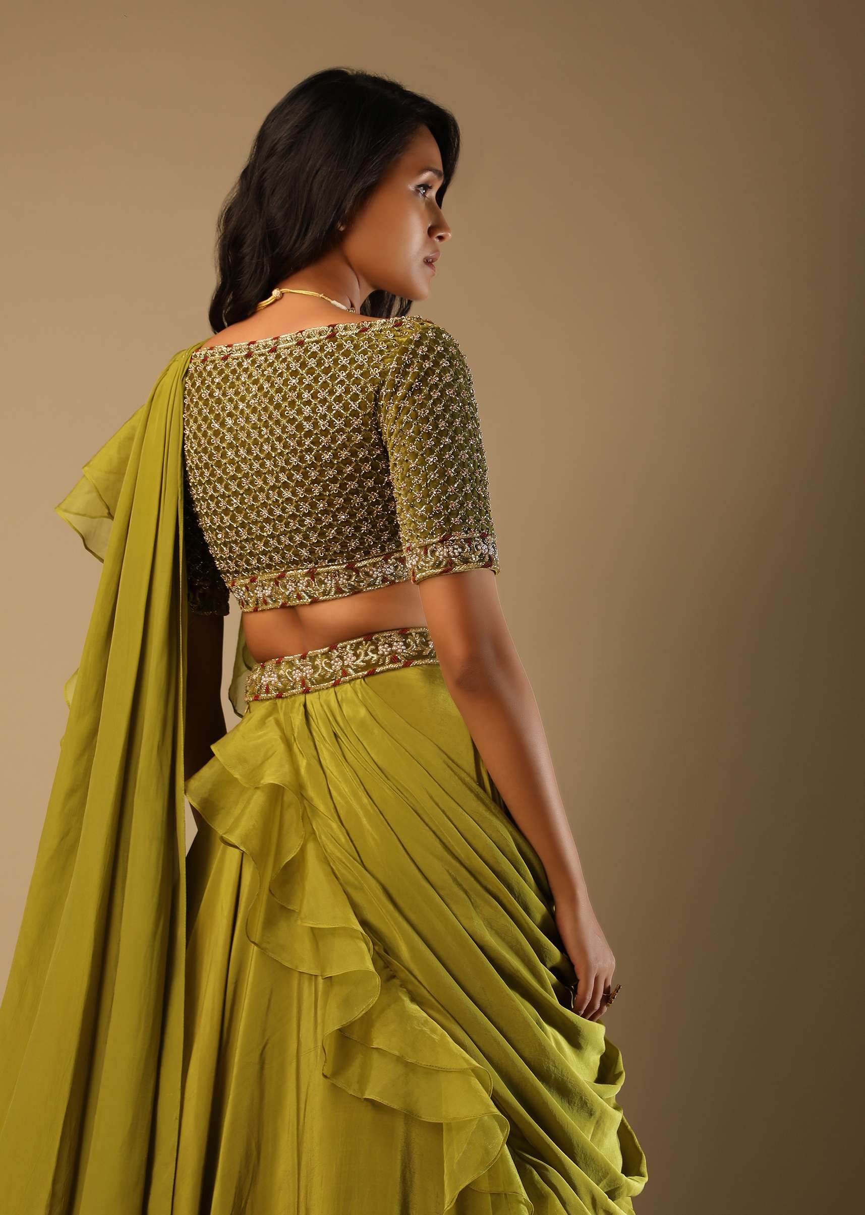 Moss Green Lehenga Saree In Crepe With Frill Drape And Hand Embroidered Choli Using Cut Dana Jaal - Image 4