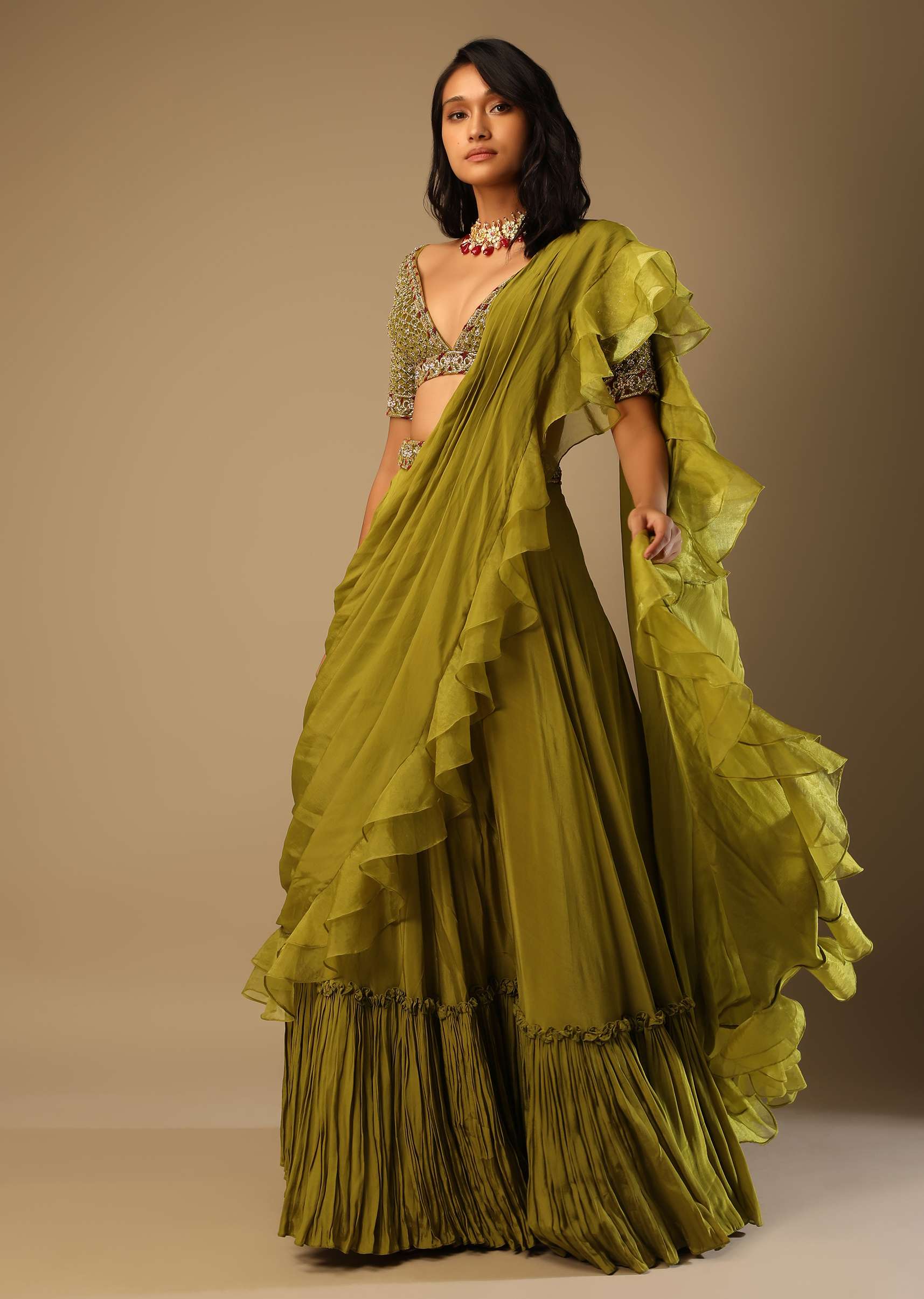 Moss Green Lehenga Saree In Crepe With Frill Drape And Hand Embroidered Choli Using Cut Dana Jaal - Image 5